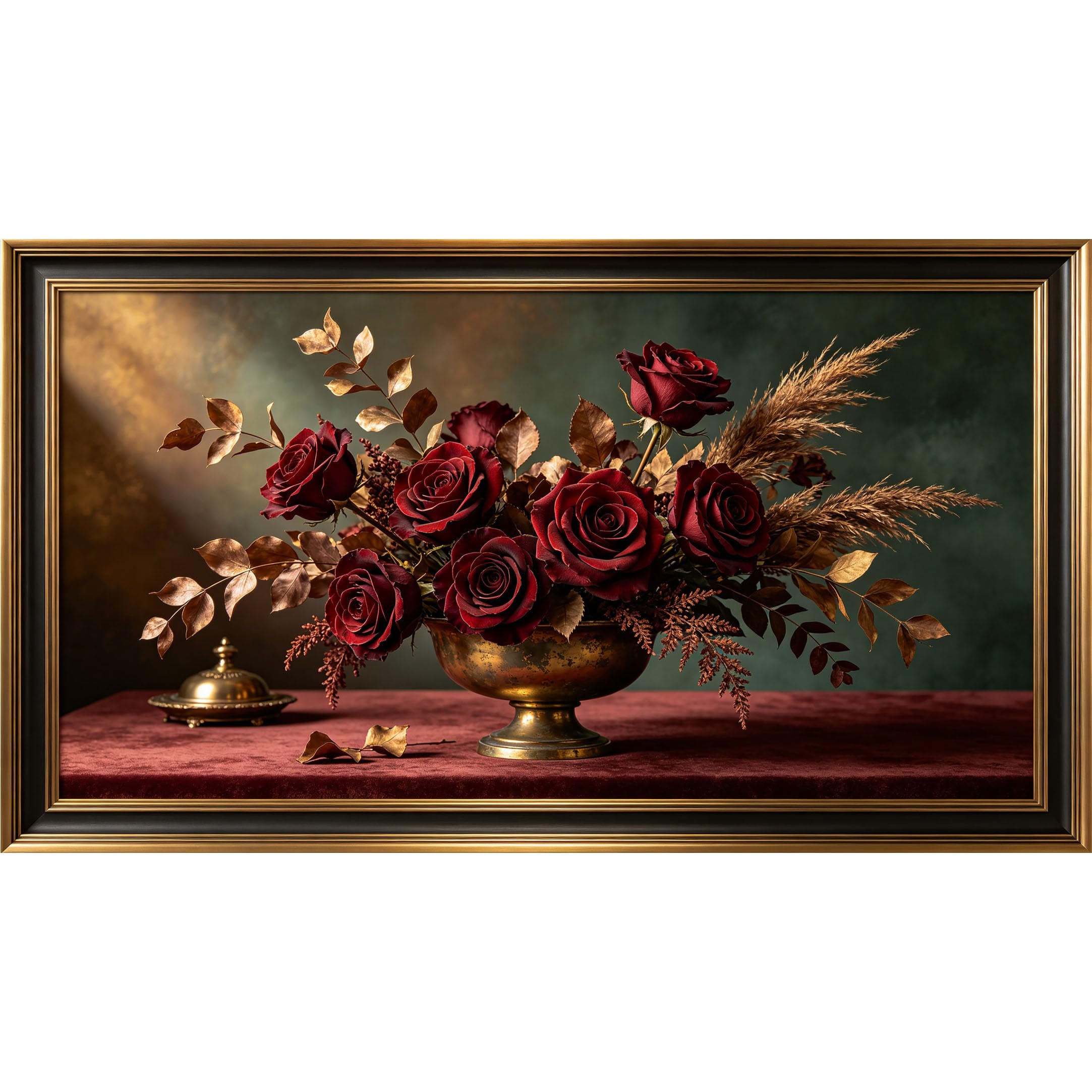QZLITHOTIC 50x90cm3D Framed Wall Art， Vintage Floral Bronze Vase Red Rose Still Life Self‑Adhesive Mural， Water‑Activated Peel & Stick Fabric Decor Wall Decal for Bedroom Living Room