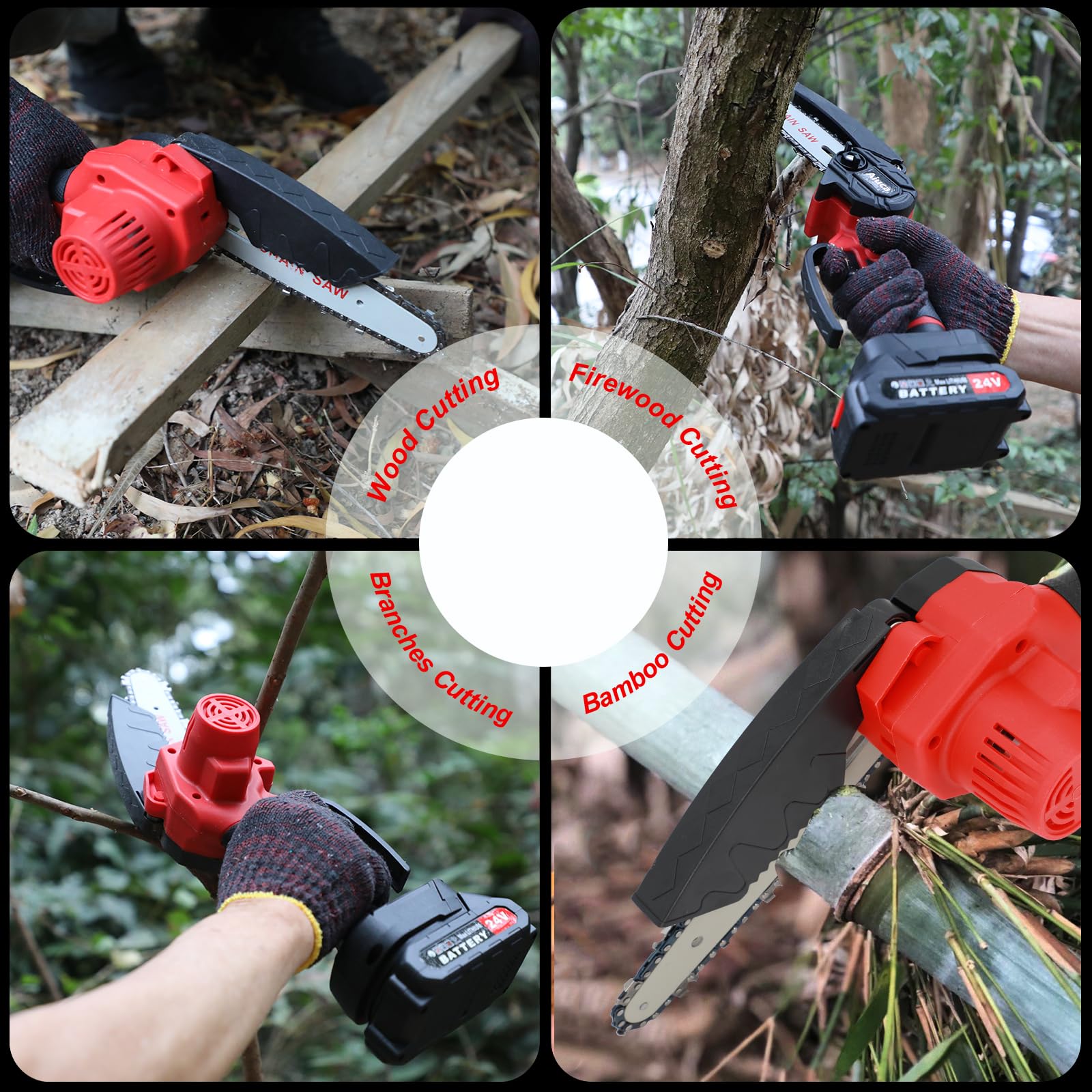 Mini Motosega 24V con Batteria da 8000mAh, Motosega Senza Filo da 6 Pollici con 2 Batterie Potenti e 2 Catene – Blocco di Sicurezza e Motore Ad Alta Potenza per Potatura Alberi e Cura del Giardino