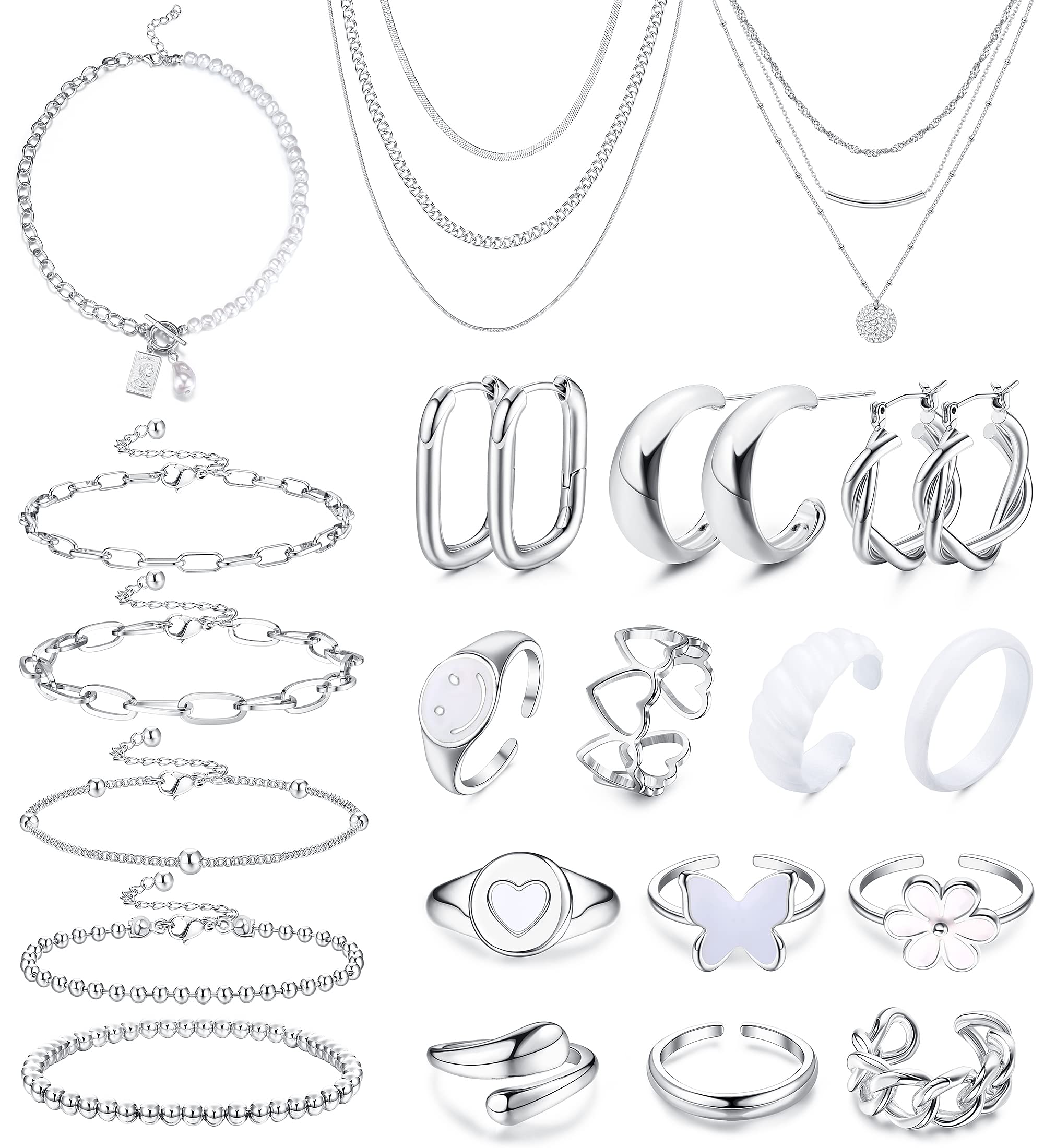 Jstyle Gold Jewelry Set with 7 Pcs Necklace, 5 Pcs Chain Bracelets, 3 Pairs Hoop Earrings, 9 Pcs Knuckle Rings for Women Vacation Jewelry Fashion Valentine Anniversary Birthday Friendship Gift