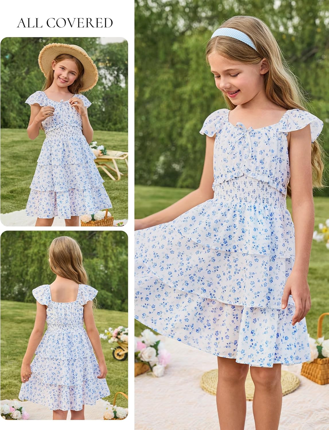 GRACE KARIN Girls Spring Summer Floral Dress Teen Ruffle Smocked 3 Layerr Dresses Kids Cute Boho Easter Clothes Size 7-14