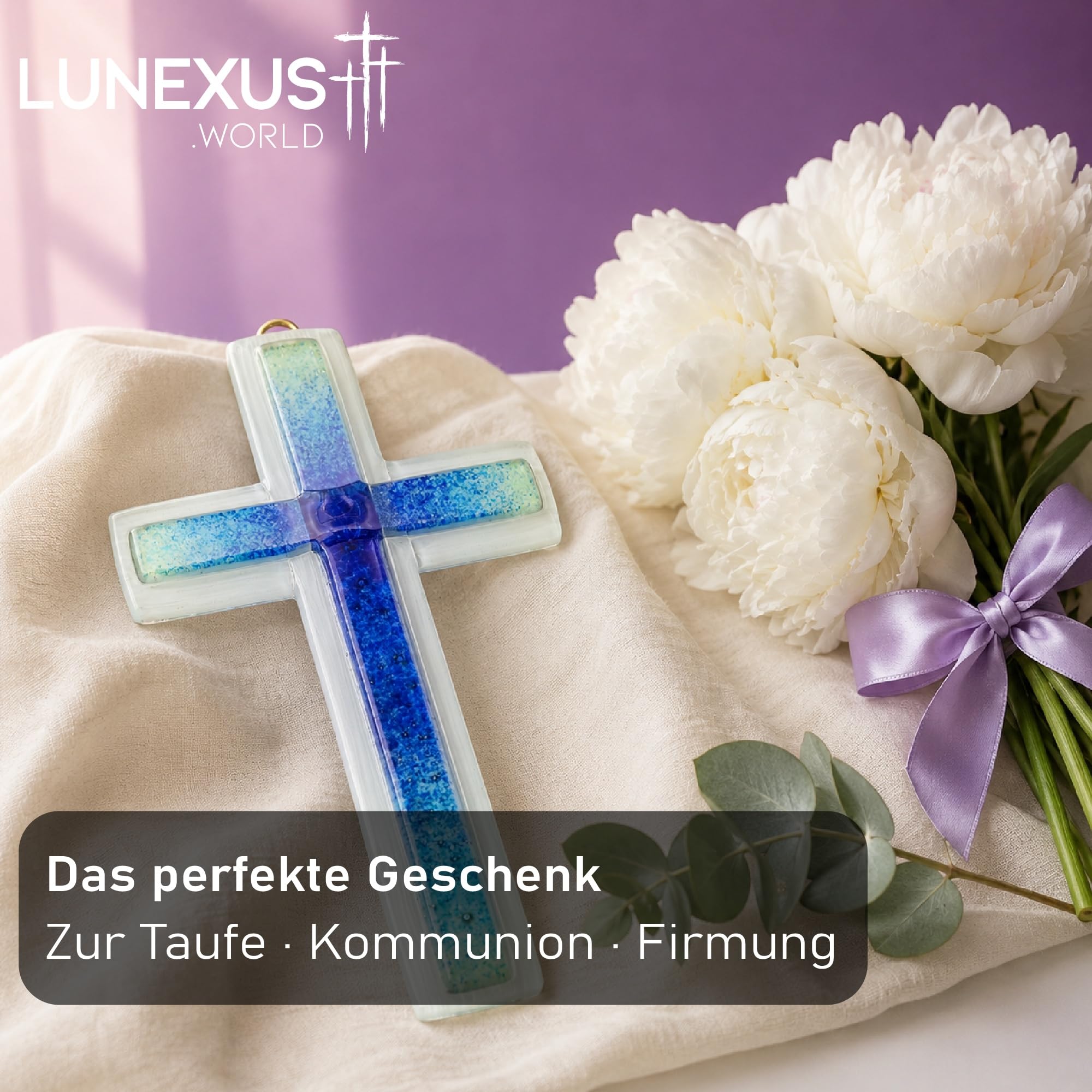 Lunexus Szklany krzyż ścienny 20,5 cm, ręcznie wykonany, prezent na chrzest, komunię, bierzmowanie, krzyż, szkło, niebieski, religijny krzyż dekoracyjny do zawieszenia, krzyż dziecięcy, chrzest, dla