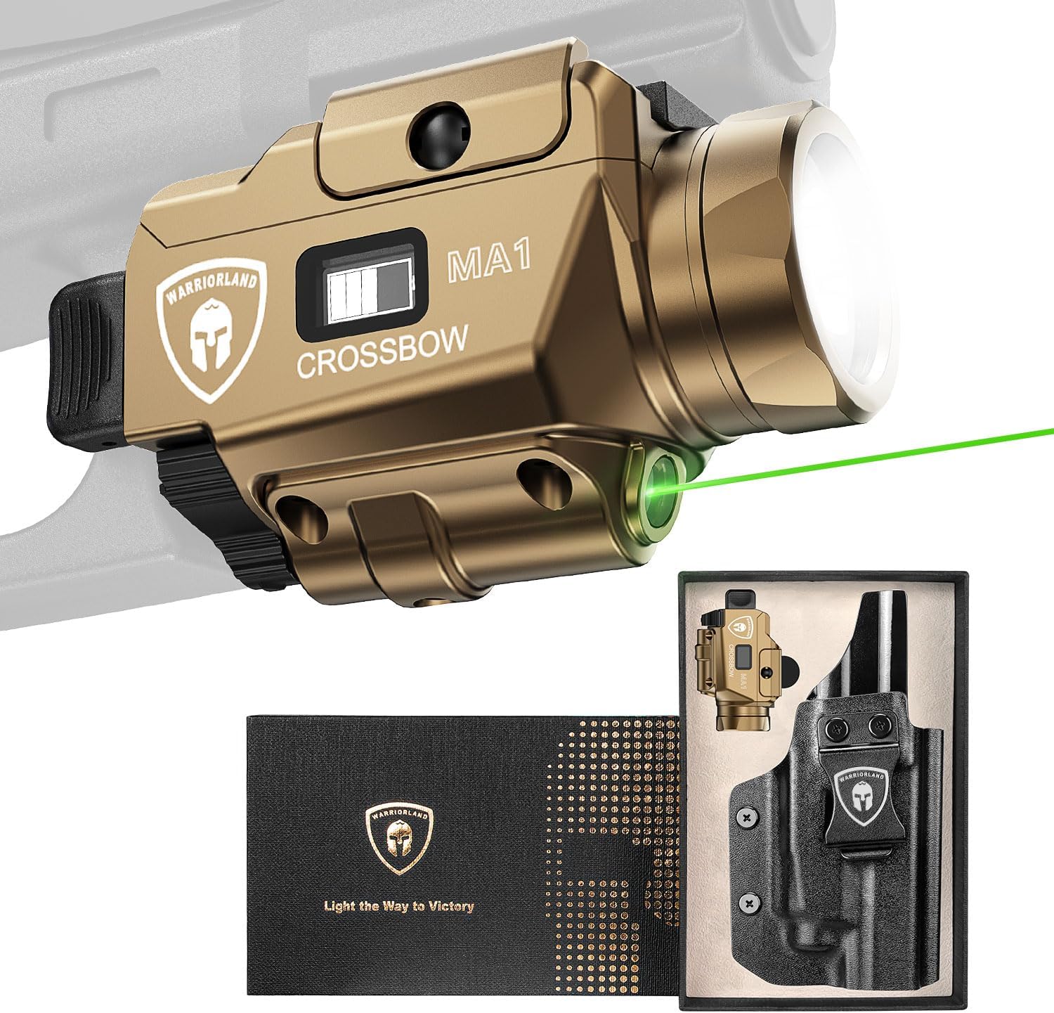 WARRIORLAND 800-Lumen FDE MA1 Pistol Laser LED Light & Holster Combo, Fit for Glock 20/21 Gen3-5 & Glock 22 Gen5 & Listed Models' MOS, Magnetic USB Rechargeable | Screen Power Status