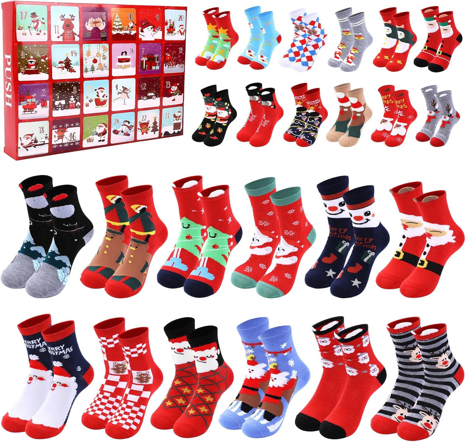 24 Pairs Christmas Sock Advent Calendar 2025 24 Days Advent Countdown Gift Boxes Unisex Socks Set for Adults Colorful Fluffy Warm Socks for Xmas Party Favor Gift Holiday