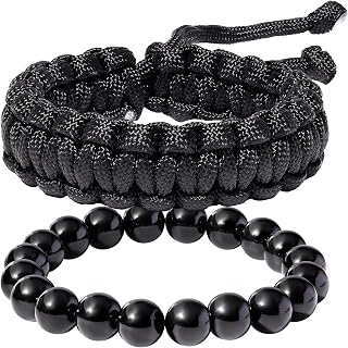 2Pcs Adjustable Handmade Survival Paracord Bracelets Set Lava Stone Stretch Beaded Bracelets for Women Men Outdoor Hiking Camping Unisex