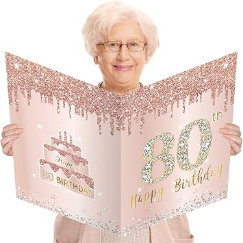Eucutur Large 80th Birthday Card With Envelope, Jumbo 80 Birthday Guest Book Greeting Card for Women, Extra Big 80 Year Bday Card Gifts Party Supplies, Pink Rose Gold Giant 80 Bday Card22 14.17 IN