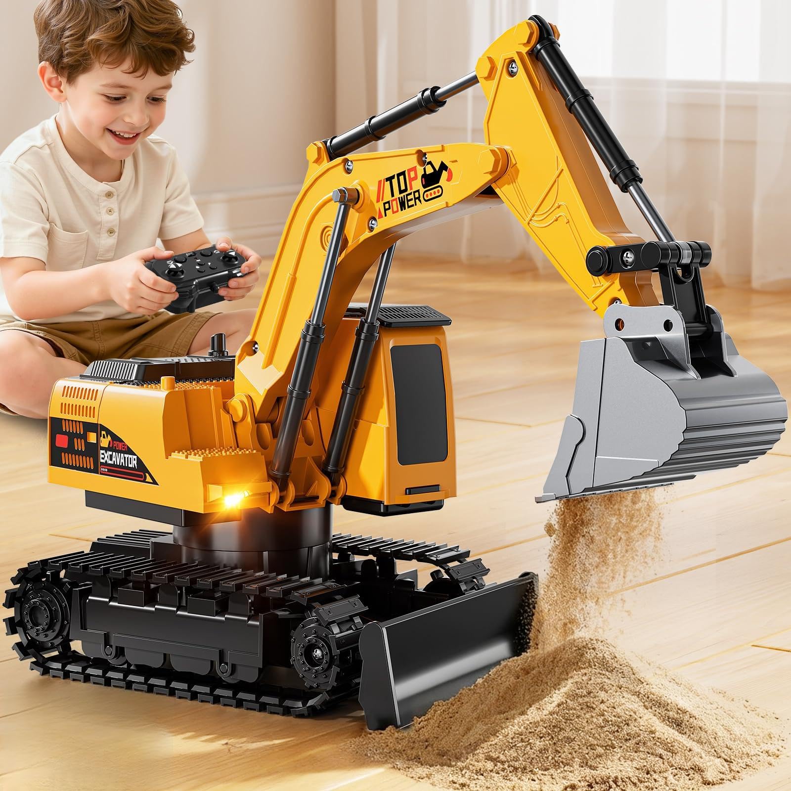 Remote Control Excavator Toys for Boys Age 6-12, 11CH 2.4Ghz RC Sand Digger with Metal Shovel Lights/Sounds, Construction Truck Toys for Boys 3 4 5 6 7 8 9 10 11 12 Year Old Kids