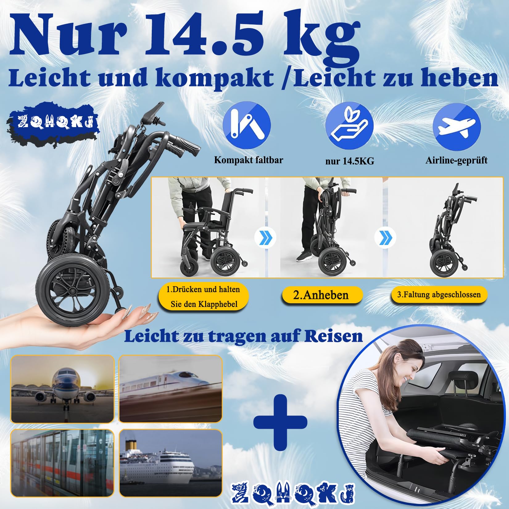 Ultralekki elektryczny wózek inwalidzki, składany, 14,5 kg, zasięg 20 km, nośność 150 kg, bateria litowa, certyfikat Airline, idealny dla seniorów i podróży, niebieski
