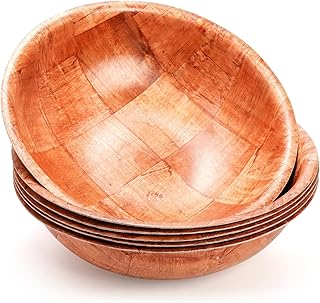 6 Pack 10 Inch Wooden Woven Salad Bowl, Unbreakable Wood Round Serving Bowl Large Wood Salad Bowl, Reusable Wood Snack Bowls Large Serving Bowls for Fruits, Pasta, Popcorn