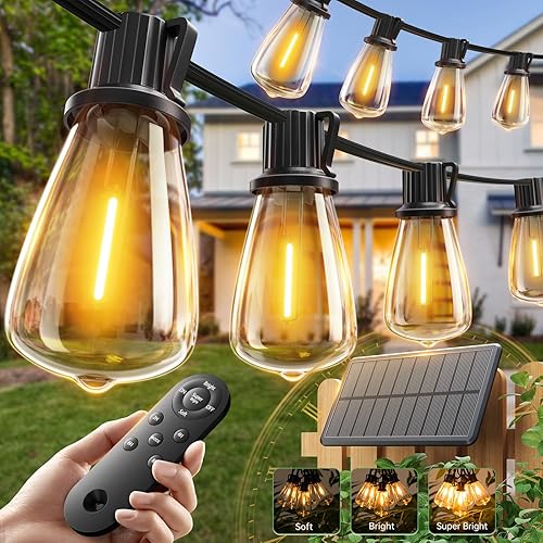 addlon 52(48+4) FT Solar String Lights Waterproof,Patio Lights Solar Powered with Remote & USB Port 16+1 LED Shatterproof Bulbs 3 Light Modes, Dimmable Solar Light for Camping Backyard Garden