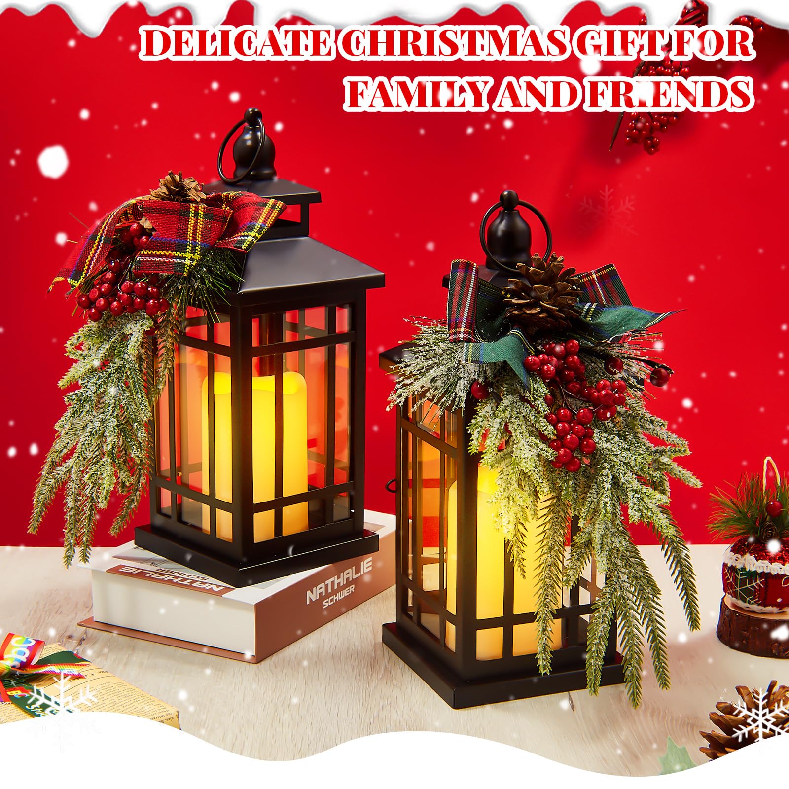 Farol Navidad ROCEEI Juego De 2 Faroles Decorativos De Navidad Para Porche  Con Velas LED Parpadeantes Sin Llama De 14 Pulgadas, Farol Colgante Vintage  De Navidad Para Mesas Decoración De Interiores Y, image size:1600x1600