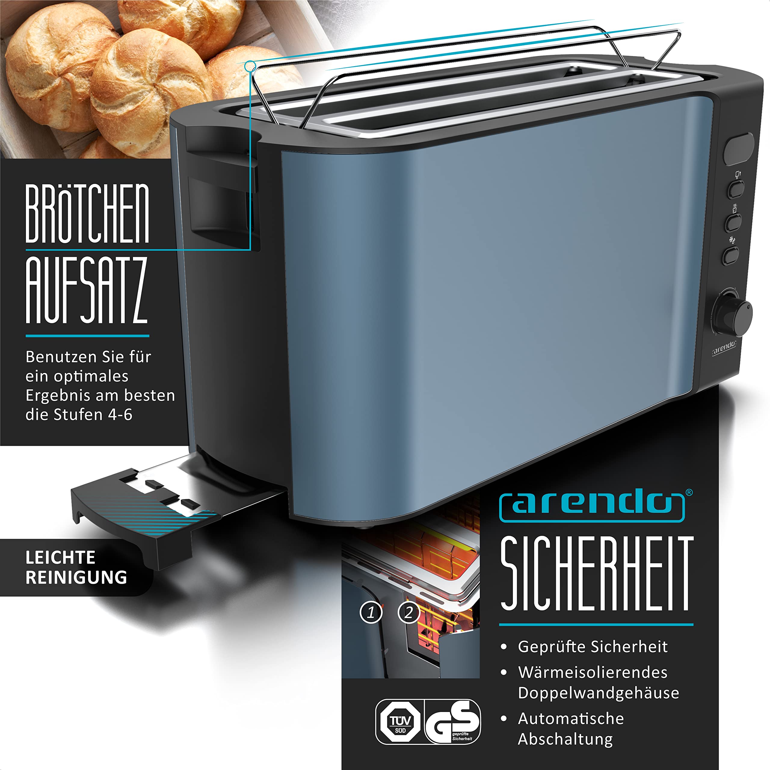 Arendo Wasserkocher Toaster SET Edelstahl Blau 1,5L 40-100°C 4 Scheiben LED-Display