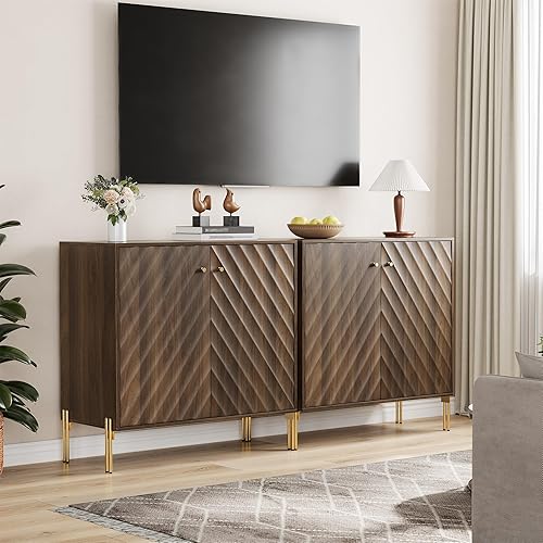 Miniatura 2 de Aparador con estante ajustable, gabinete de buffet independiente de nogal con almacenamiento, gabinete de almacenamiento de madera con líneas