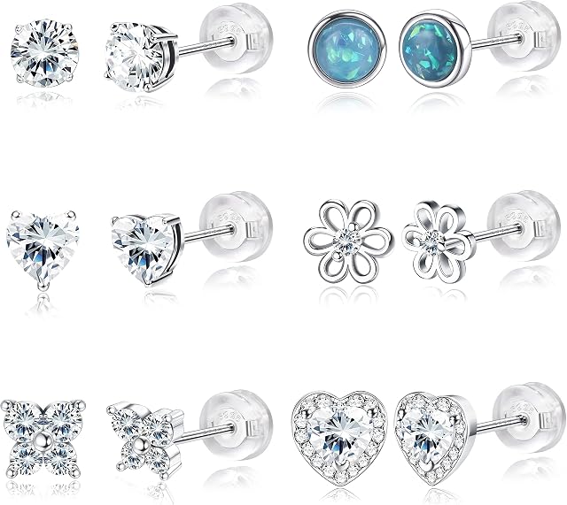 LOLIAS 6 Pairs Earrings Stud Set for Girls and Women Hypoallergenic CZ Heart Butterfly Flower Opal Stud Flat Back Earrings With 925 Sterling Silver Post