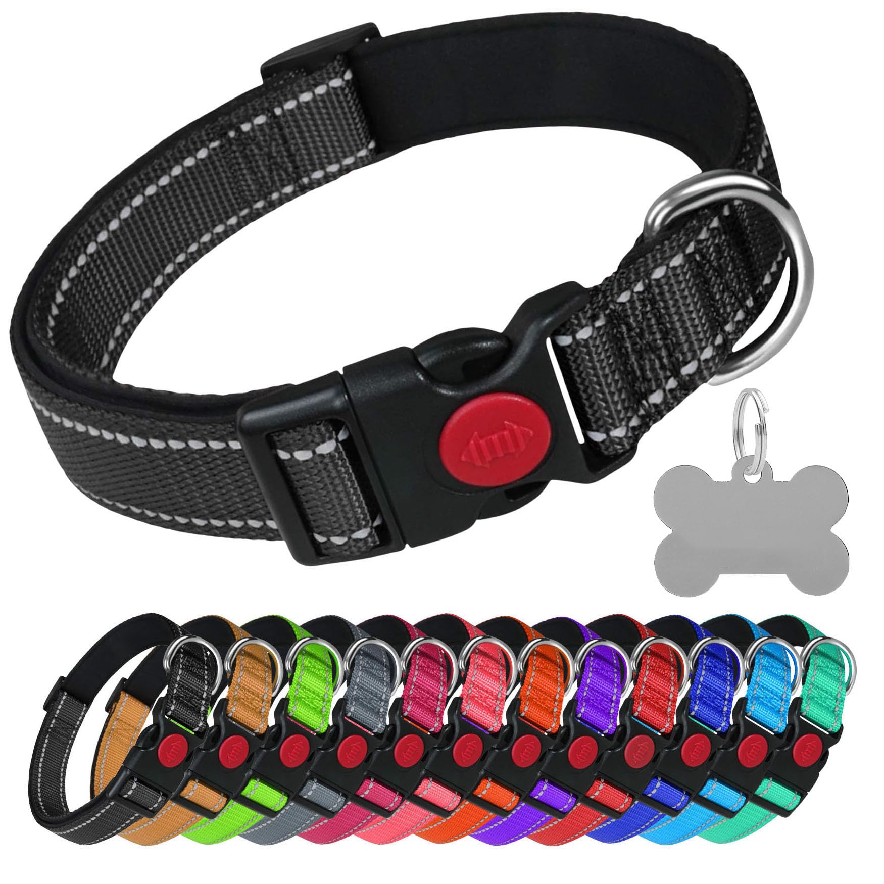 LARRYROO Reflective Dog Soft Padded Nylon Collar | Slide Lock Safety Buckle | Fully Adjustable With Personalised Engraved Silver Bone Shaped Tag (Black, Extra Small (20cm - 30cm Neck))