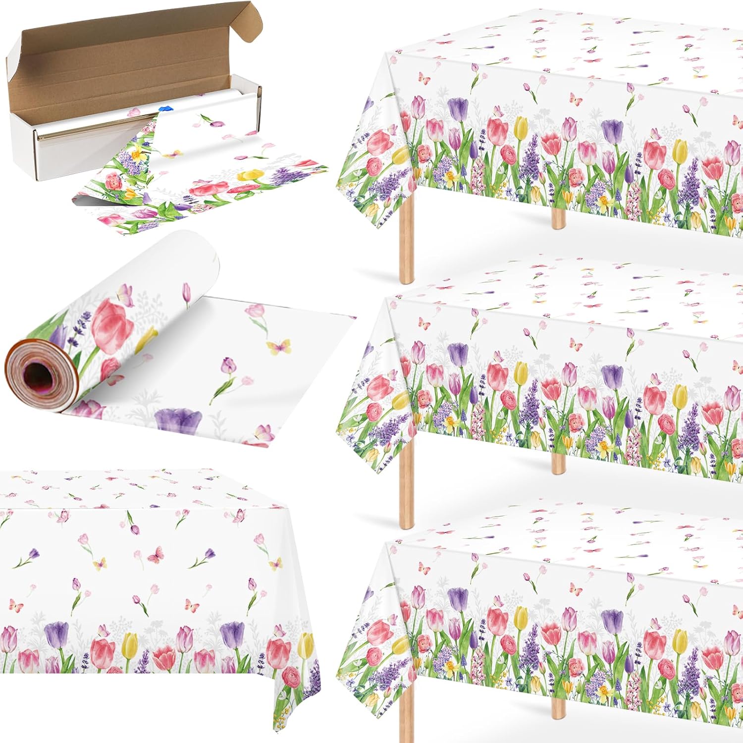 Spring Tulip Plastic Tablecloth Roll 54 Inch x 108 Ft, Blooming Floral Disposable Table Cloth with Cutter Box, Watercolor Holiday Table Cover for Easter Picnic Spring Mother's Day Party Decorations