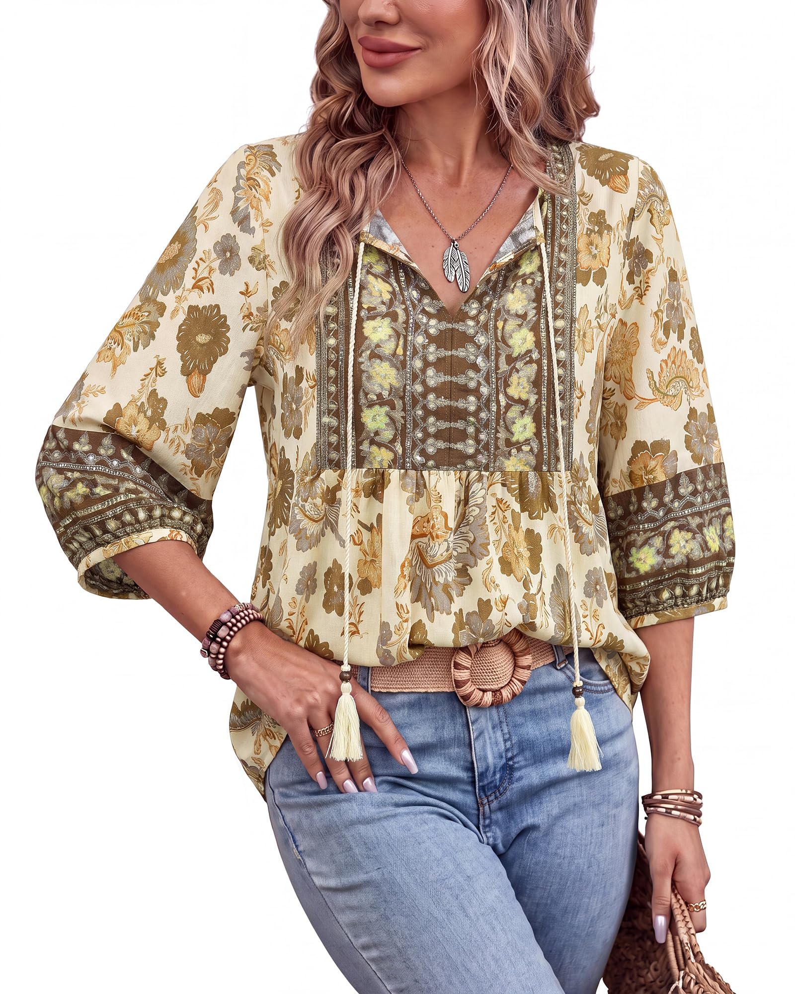 Vivilli Womens Fall Boho Babydoll Tops 3/4 Sleeve Pleated Peplum Blouses Casual V Neck Tie Front 2026 Tunic Tops