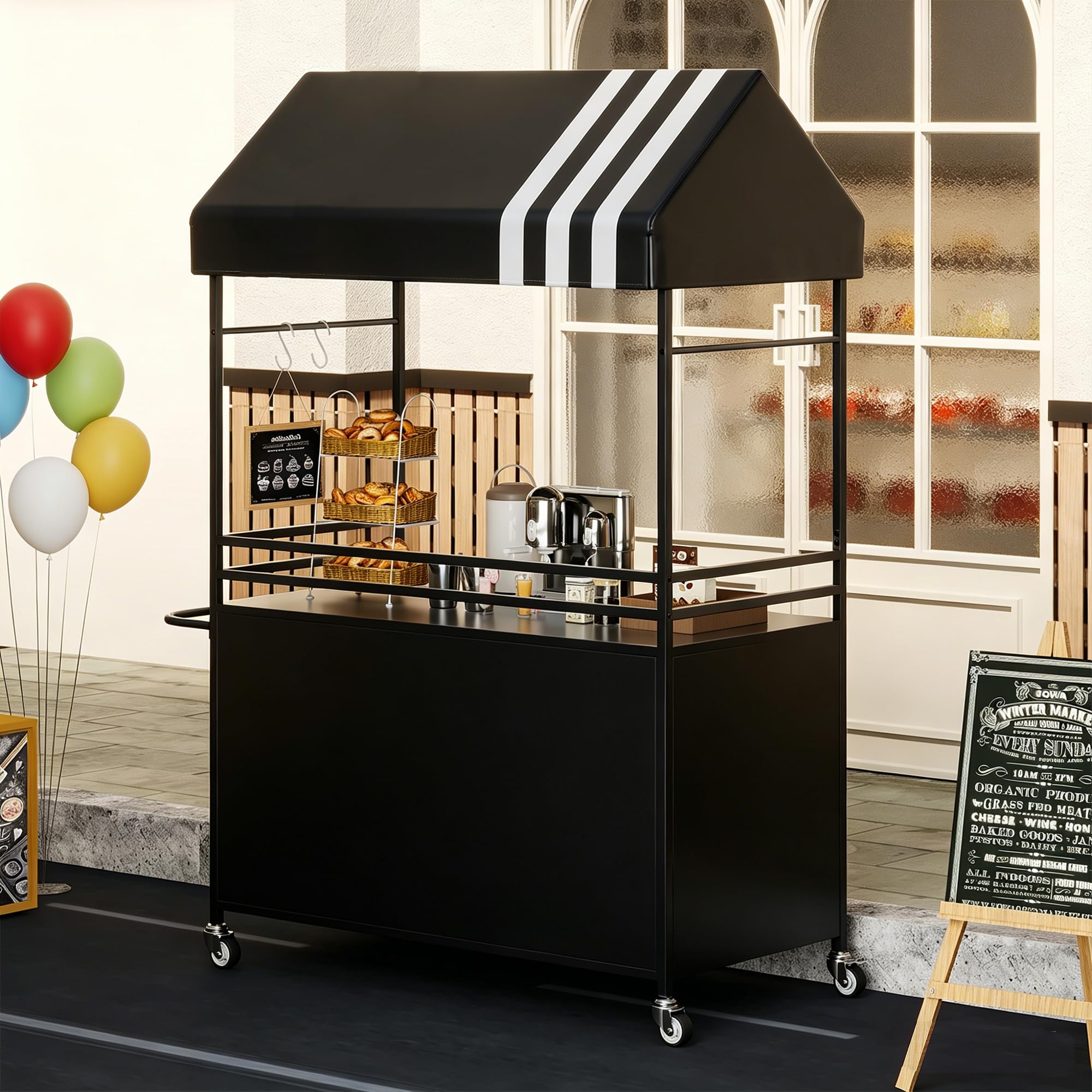 Chariot de Vente Portable avec auvent, Chariots Alimentaires Mobiles avec Roues verrouillables, présentoir de Rue Robuste de 215 cm de Haut pour événements intérieurs et extérieurs