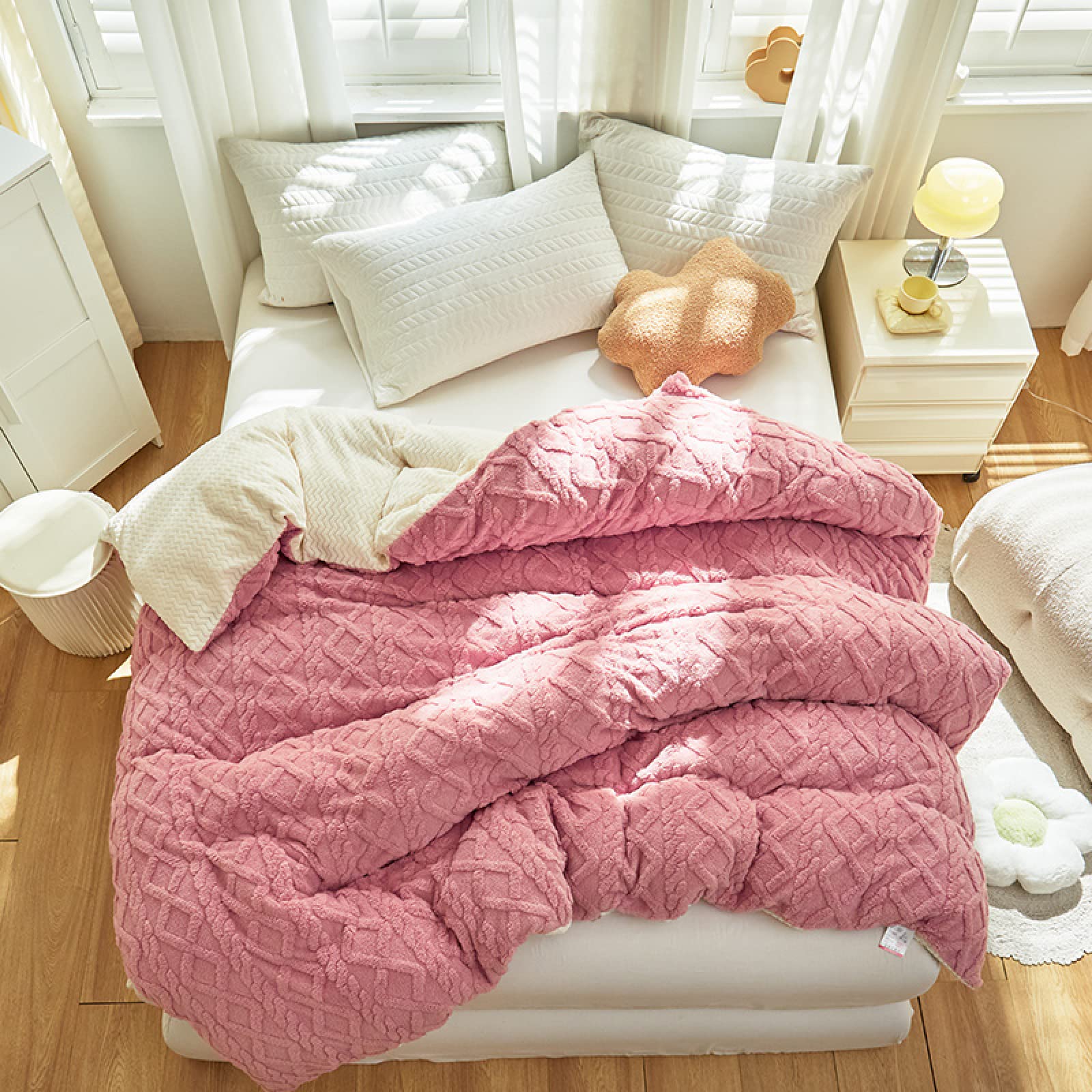 Housse de couette flanelle rose 200x230 cm réversible en peluche