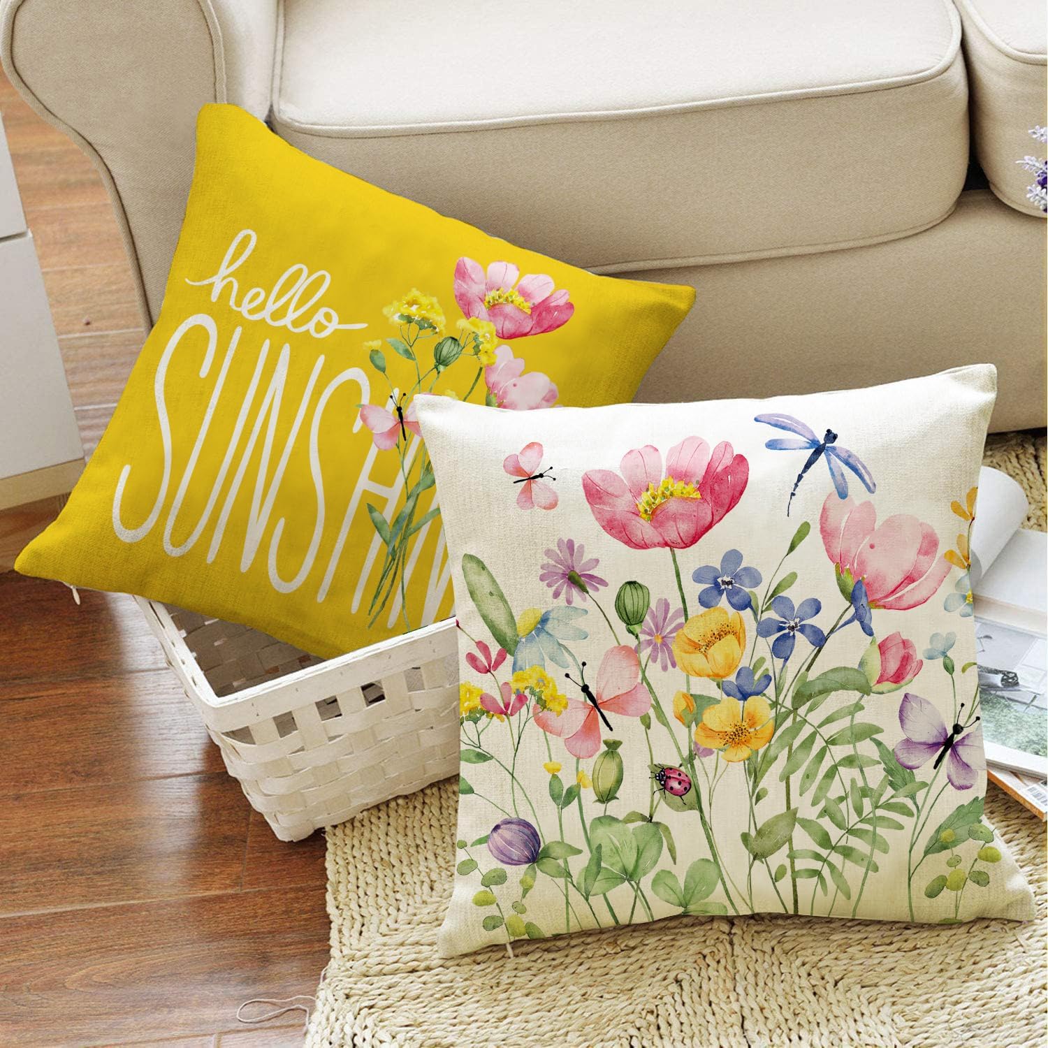 Spring Outdoor Throw Pillow Covers 26x26 Set of 4 Garden Flowers Farmhouse Patio Decorative Cushion Covers Home Decor Couch for Sofa Bedroom Livingroom, Yellow