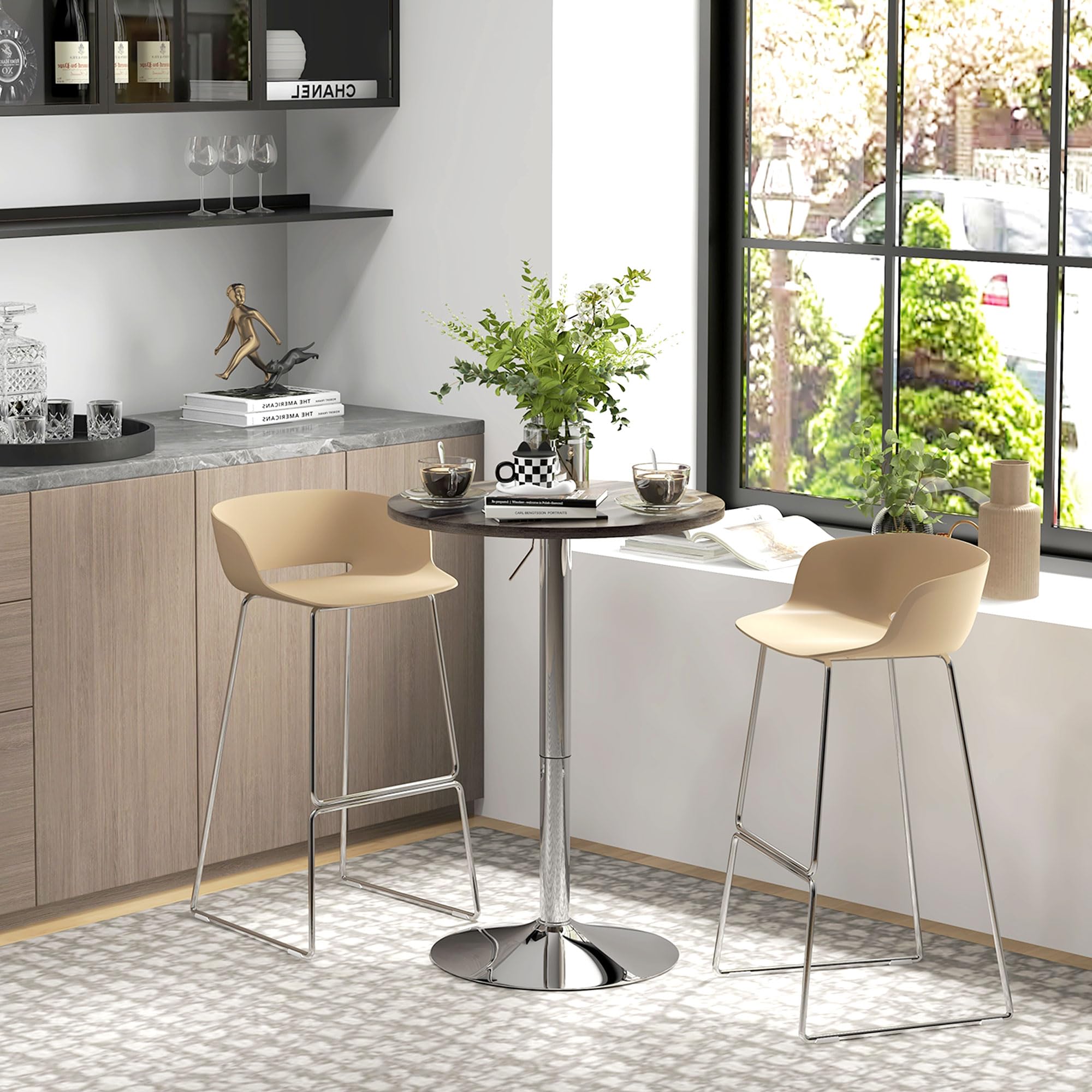 HOMCOM Mesa Alta Cocina, Mesa Alta Bar Redonda para 2 Personas, Altura Ajustable 69-91 cm, Tablero Giratorio 360°, Base de Acero, para Salón, Comedor, Cocina, 60x60x91 cm, Nogal