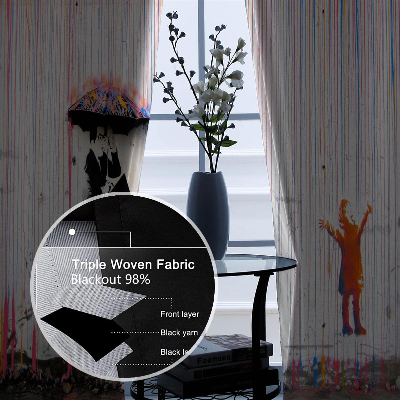 Cortinas Opacas para Dormitorio - Grommet Habitación con Aislamiento térmico Oscurecimiento Banksy Rainbow Cortinas de Lluvia para Sala de Estar Juego de 2 Paneles H160xB135