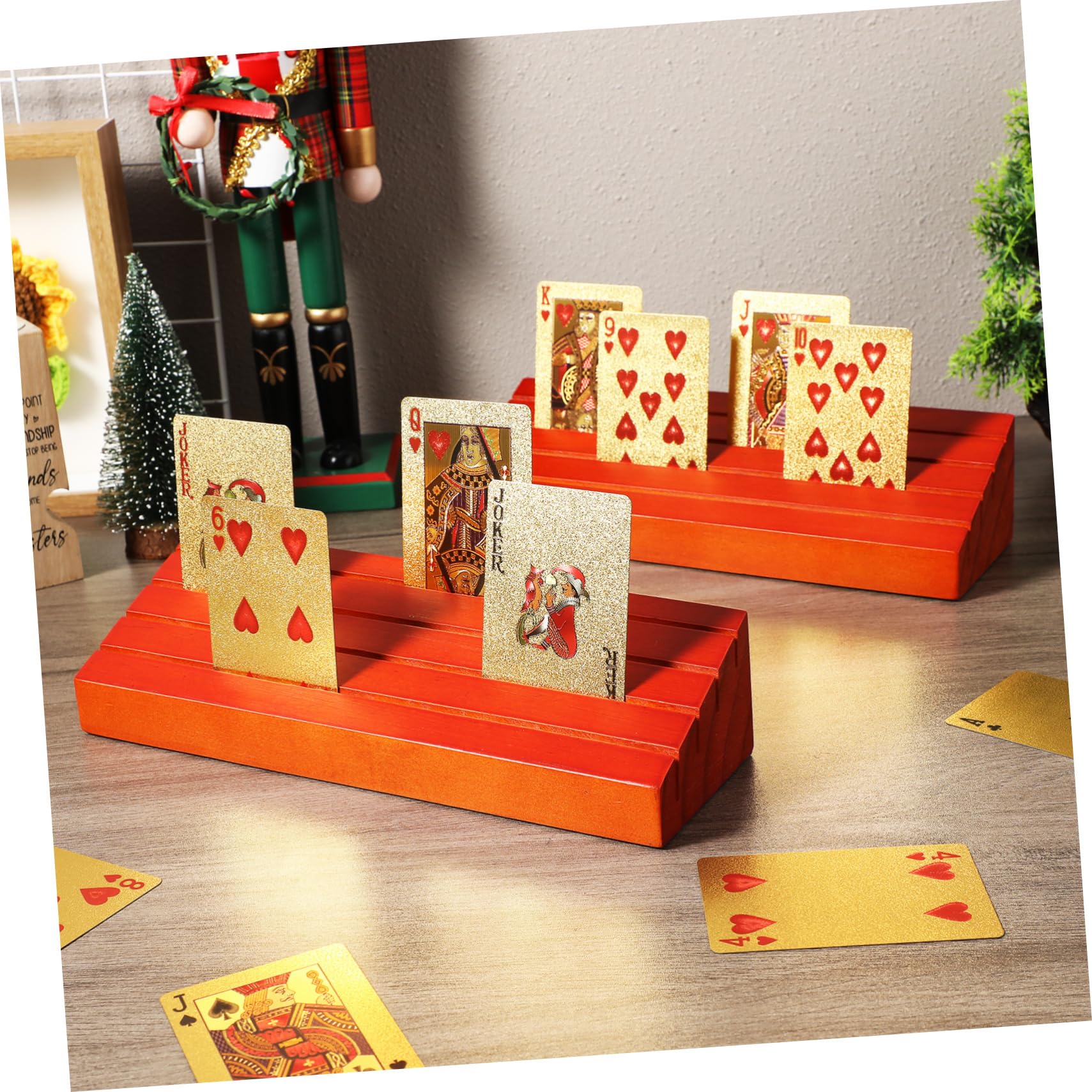 HEMOTON 4 Piezas 1 Titular de la Tarjeta de Juego Tarjetero Puente Tarjetero Canasta Soporte de Madera para Tarjetas Titular de la baraja de Cartas Bandeja de Tarjetas Madera de Pino