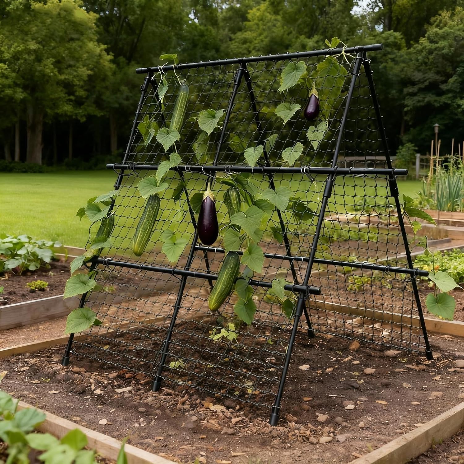 Cucumber Trellis Set A-Shaped, Plant Holder with Garden Net & Plant Clips, Adjustable Width Trellis Metal, Plant Support for Climbing Plants, Flowers, Useful Plants, 120 x 120 cm, Black