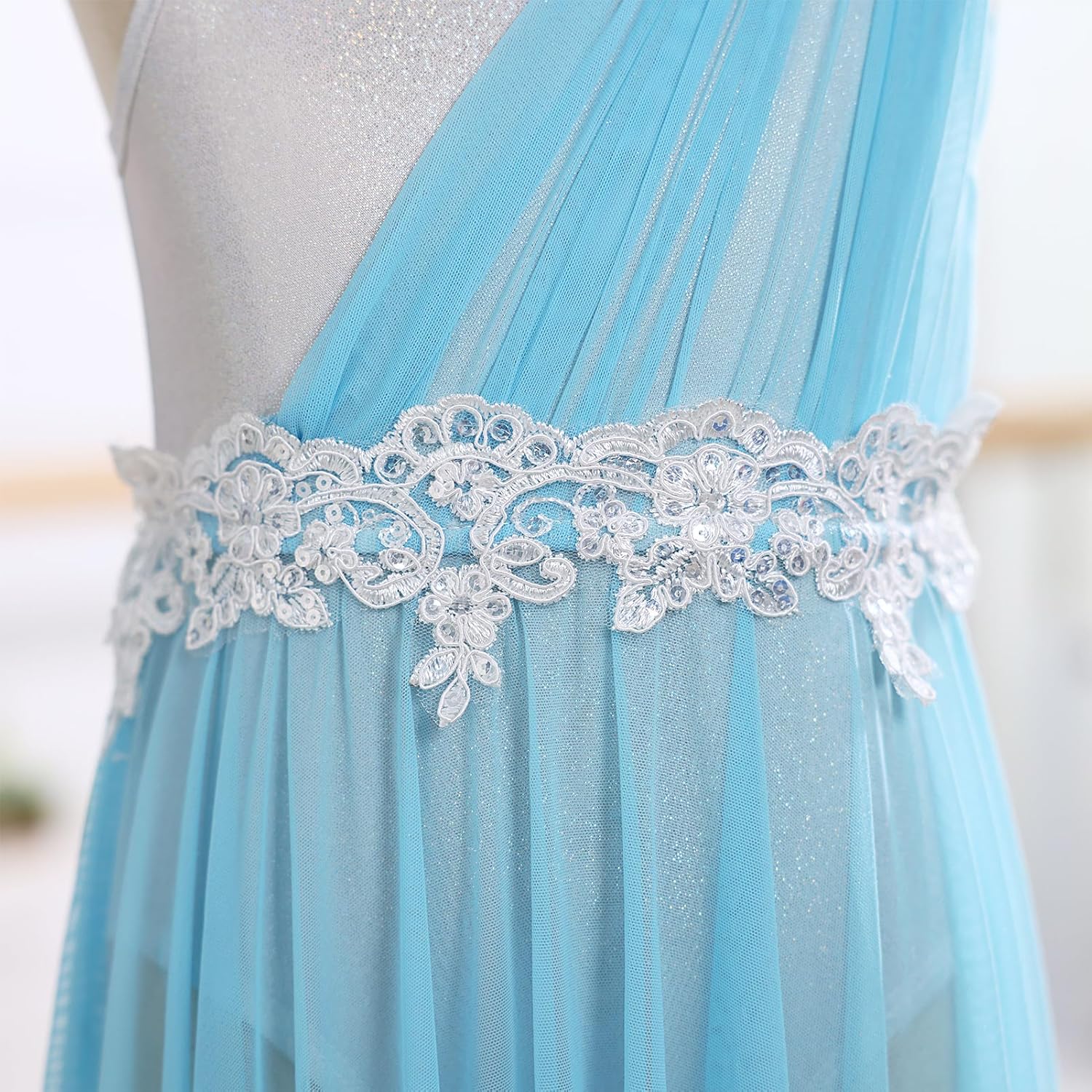Girl Lyrical Dance Dress One Shoulder Kids Contemporary Dance Outfits Metallic Bodice Flowy Asymmetrical Tulle Skirt