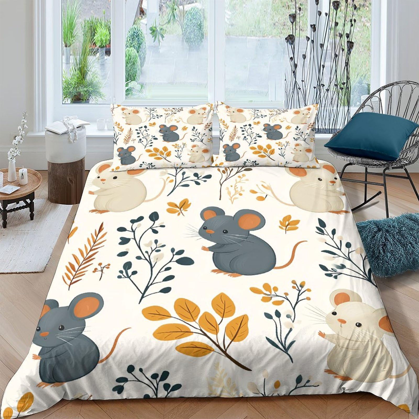 Ctjqhvkz Style-4 3D Printed Cartoon Mouse Fitted Sheet Microfiber Autumn Botanical Mattress Cover For Bedroom Guest Room Decor Single（135X200cm）