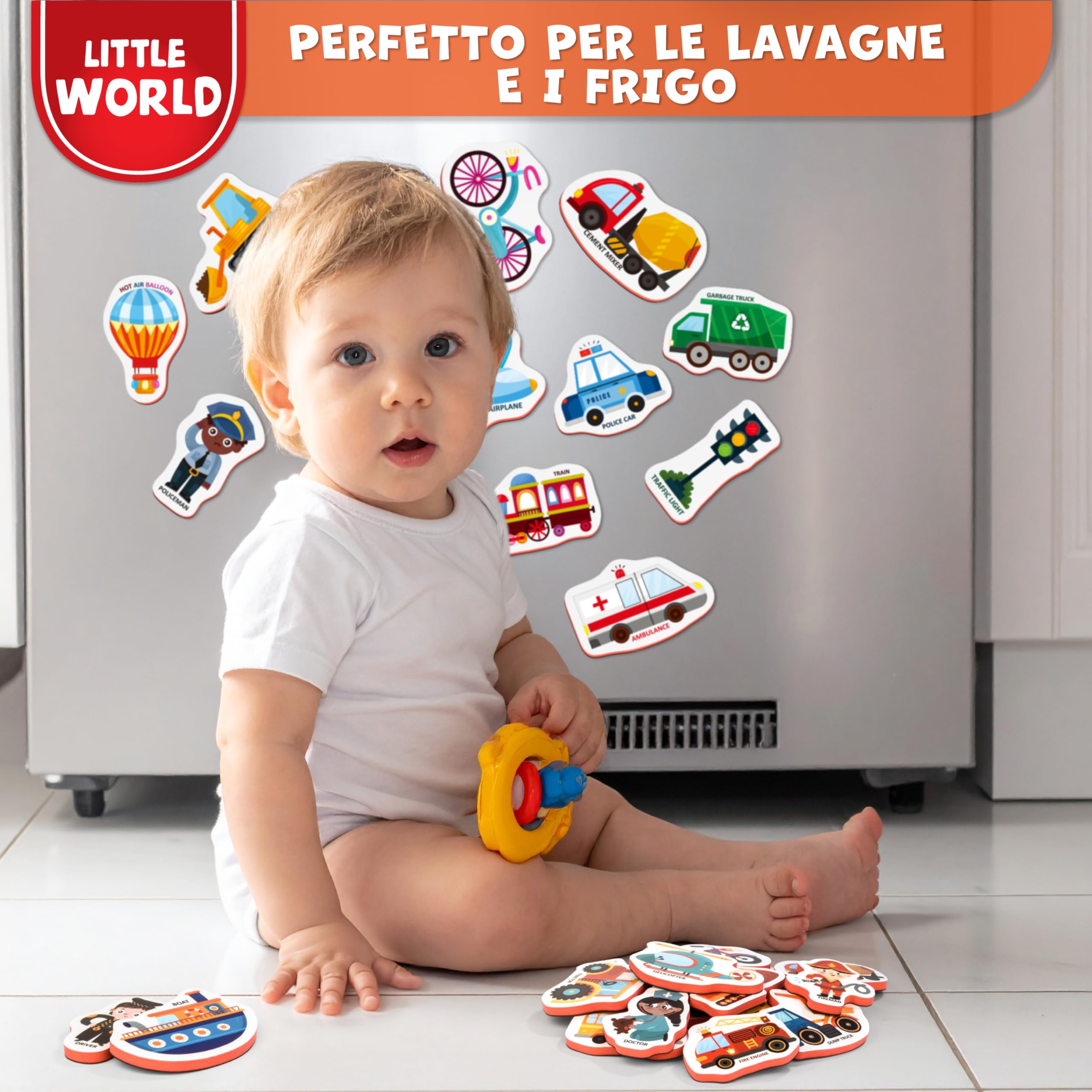 Little World 25 magneti da frigo per bambini da 1 a 3 anni, sicuri, durevoli, impermeabili, in schiuma, con confezione regalo colorata, magneti atossici per veicoli e professioni, per bambini e
