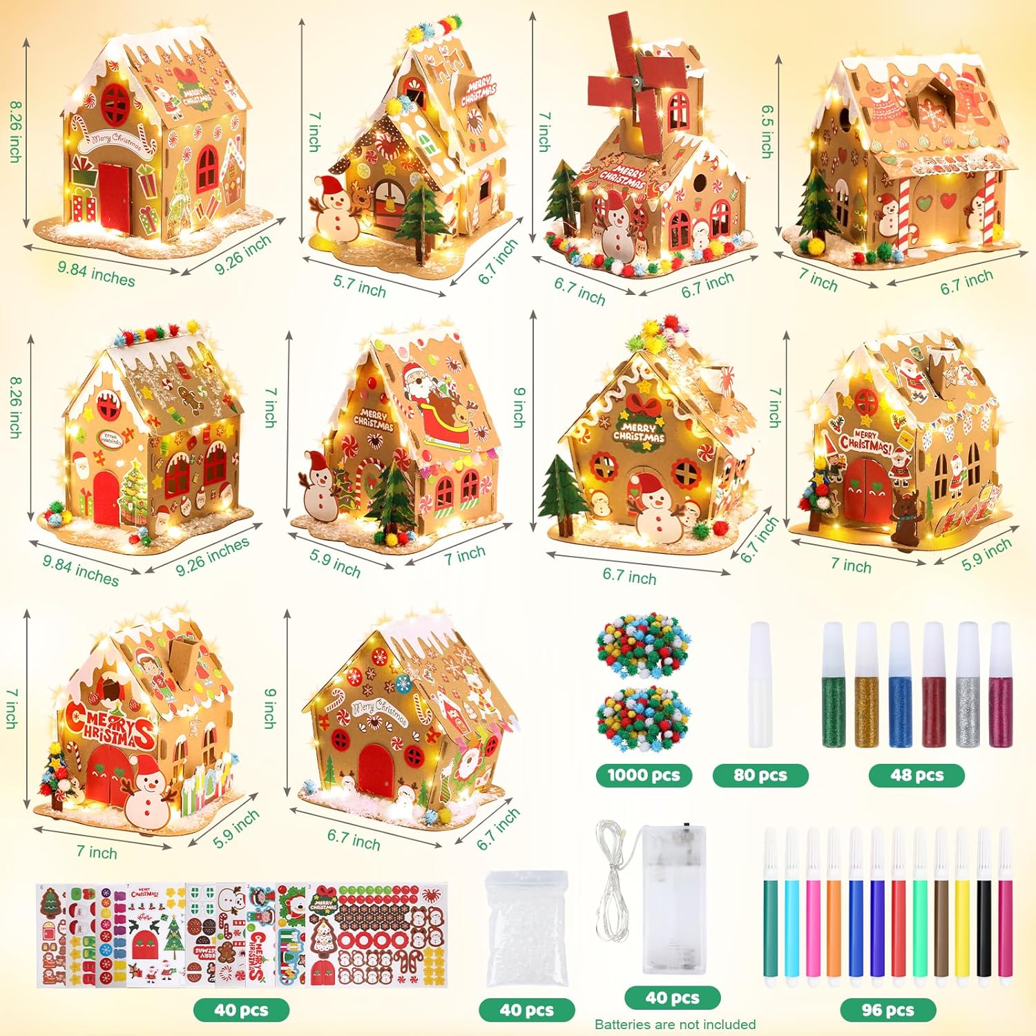 SAYAYA 40 Sets LED Cardboard Christmas Gingerbread House Kits Bulk DIY Your Own Christmas Gingerbread House with Pom Poms, Stickers, Light Strings, Pens Craft Kit for Xmas Holiday Party Decorations
