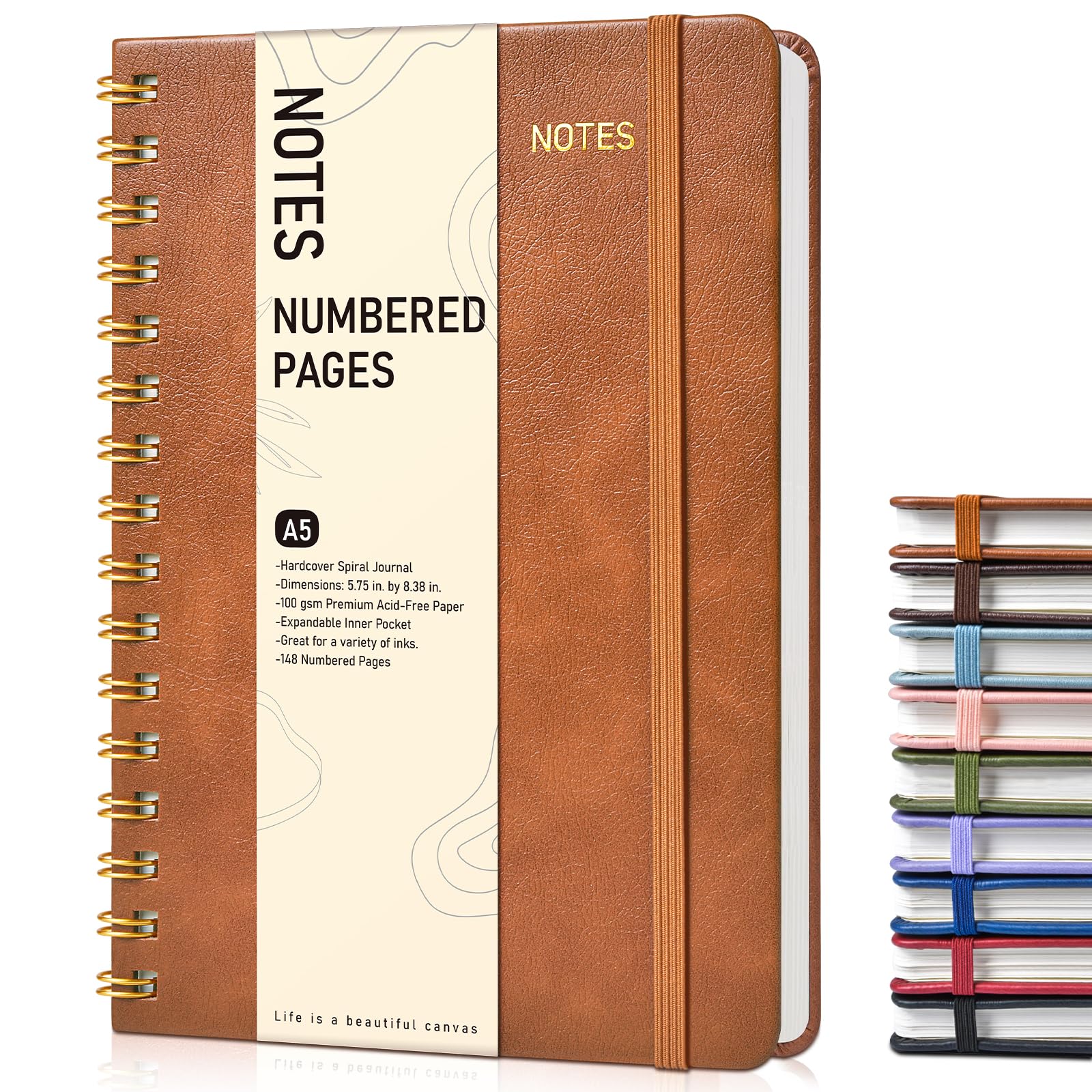 Lined Spiral Journal Notebook, A5 Hardcover Spiral Journals for Women Men, 150 Numbered Pages Spiral Bound Notebook, 100 GSM College Ruled Notebooks for Writing Note Taking 5.75" x 8.38", Brown