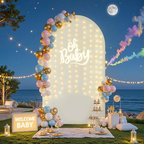 Ivory 7.2FT Arch Backdrop Cover with Lights String Wedding Arch