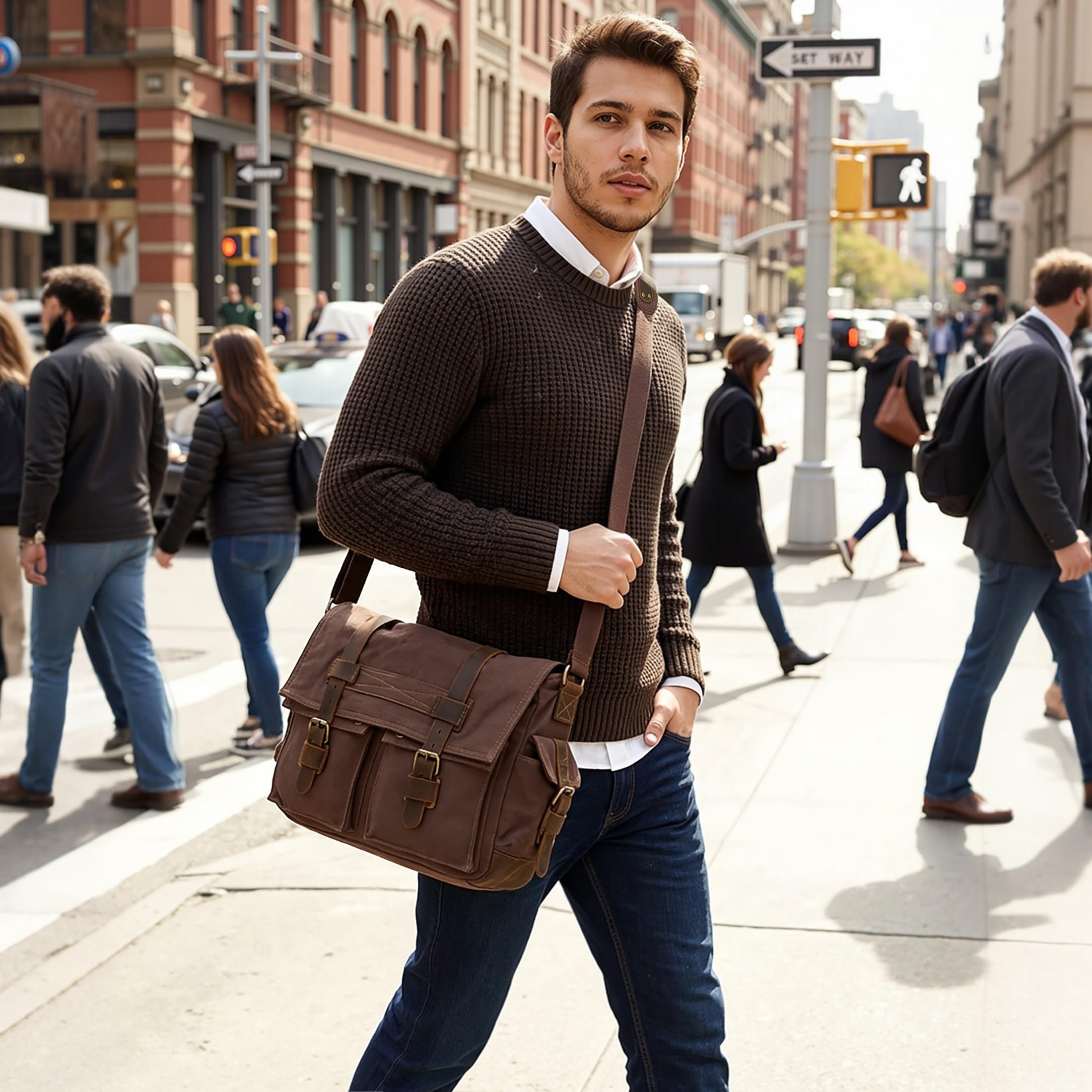 VARLIVOO Uomo Borse a Spalla Borsa a Tracolla da Uomo Messenger Borse14 Laptop Borse Ventiquattr'ore Scuola Viaggio Lavoro Università Tela Marrone B