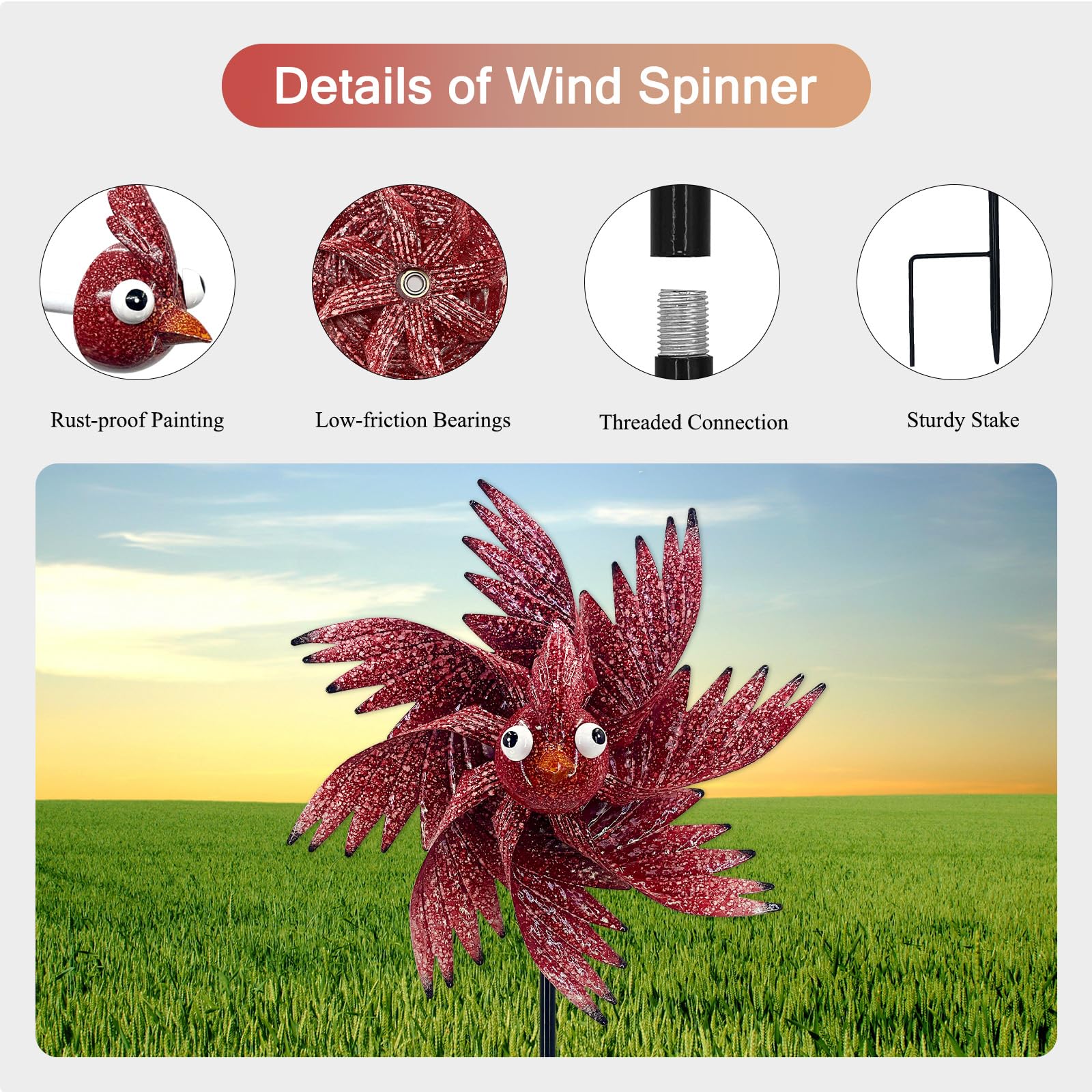 Molinillo de viento de metal para decoración de pájaros, para patio, césped y jardín, 42.5 pulgadas