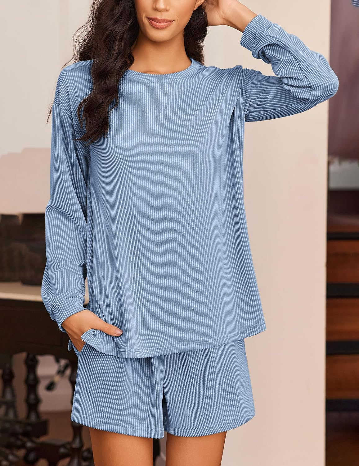 Ekouaer 2 Pieces Lounge Set for Women Long Sleeve Pajamas Top and Shorts image 4