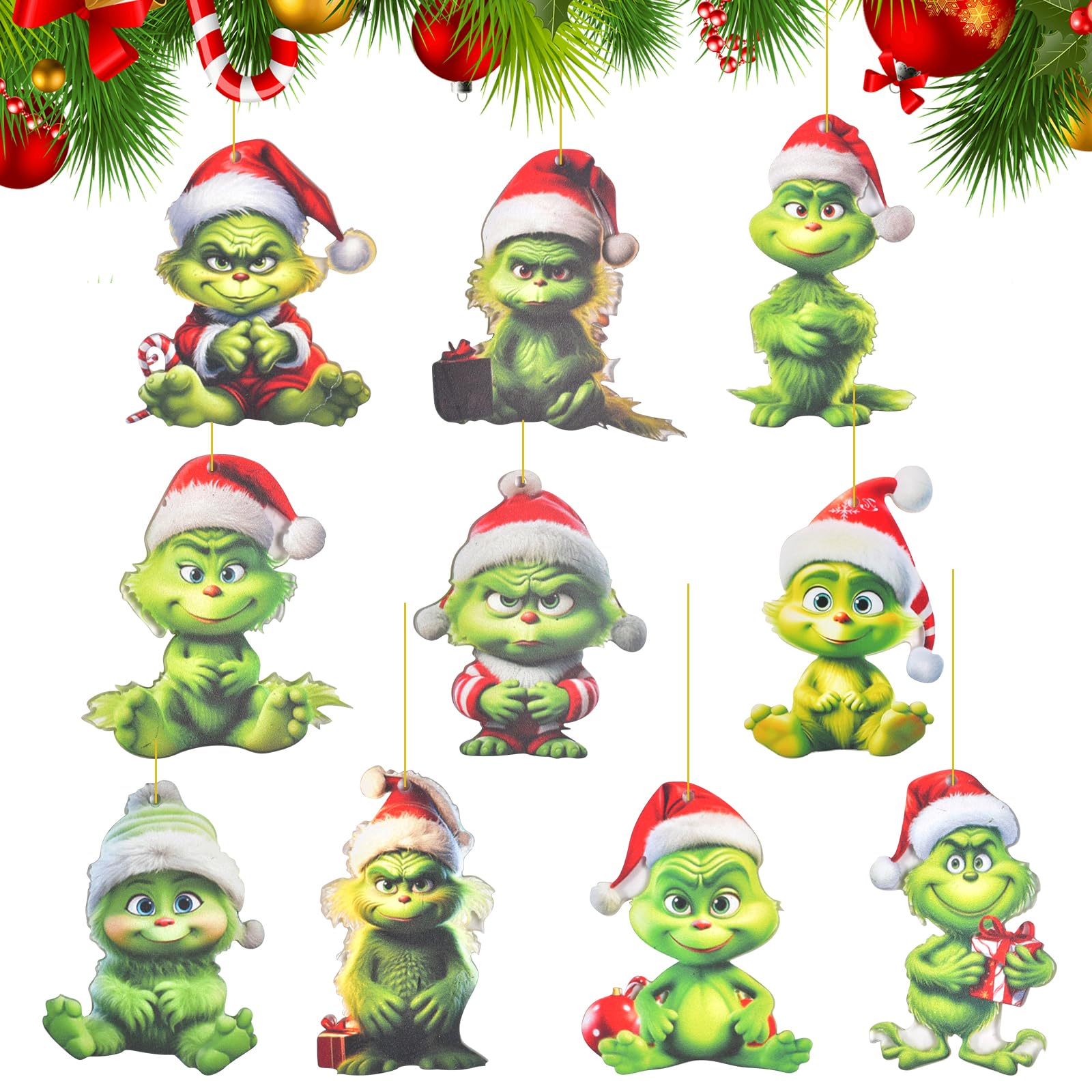 Grin-ch Decoraciones Navidad 10PCS Grin-ch Adornos Navideños Grin-ch Colgantes Decorativos para Árbol Navidad Adorno Colgante para árbol Navidad Divertida decoración Navidad Grin-ch Resina Verde