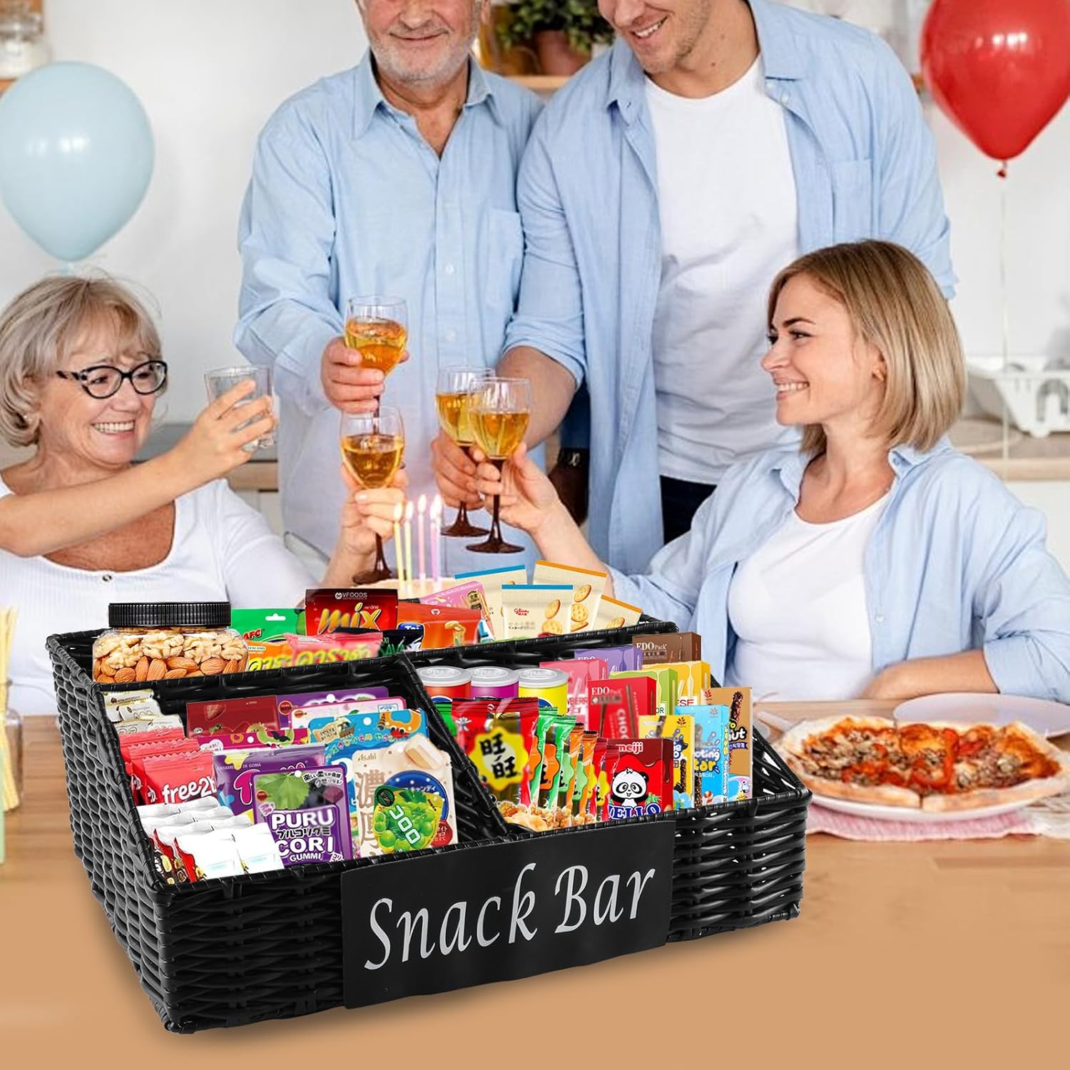 Snack Organizer for Countertop, 3 Compartment Wicker Snack Organizer, Trapezoid Snack Basket Container Snack Holder Bin for Kitchen Pantry Organizers and Storage, Snack Bar Station - Black