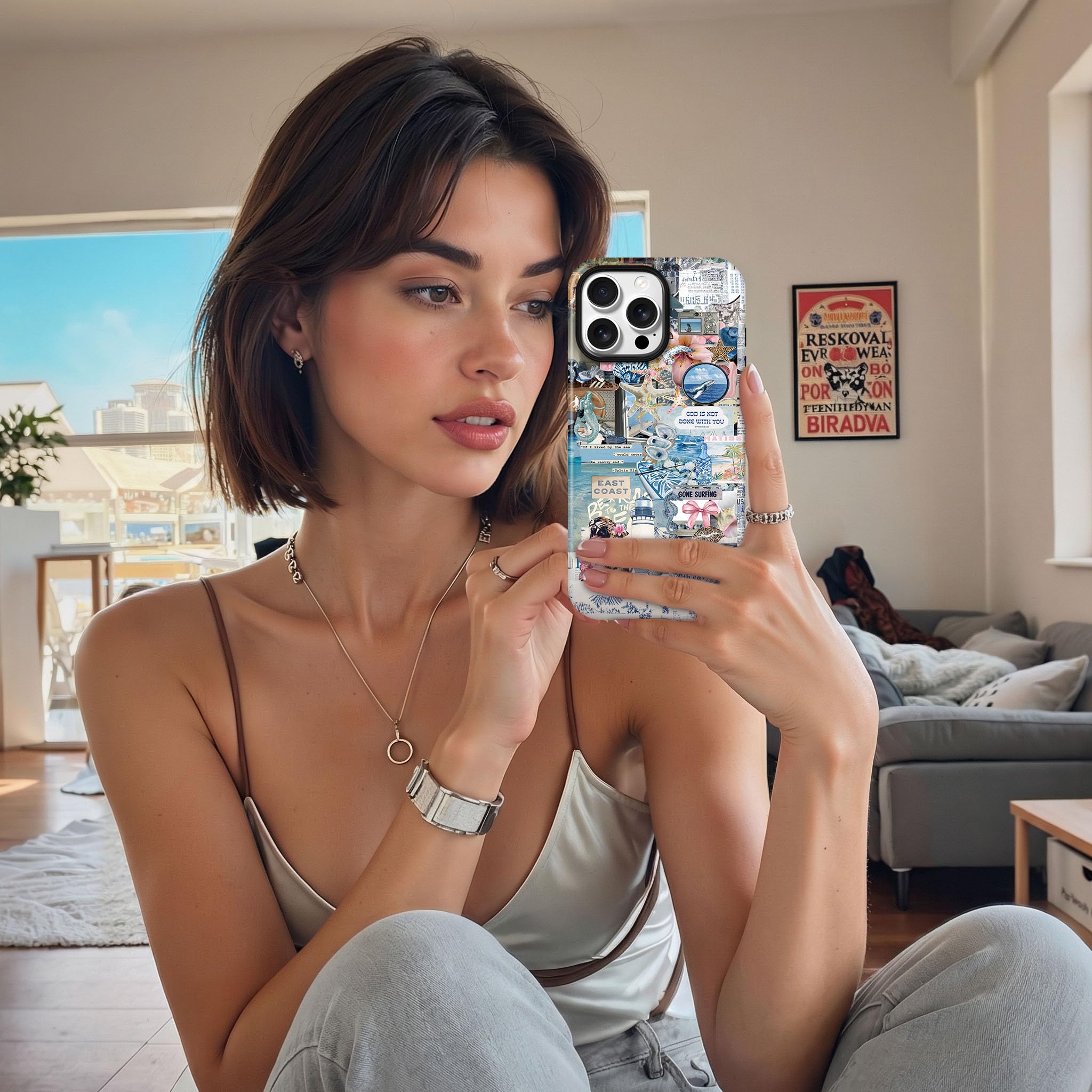 Lumen etui na iPhone'a 15 Pro, ochrona przed upadkiem klasy wojskowej, kompatybilne z MagSafe, Coastal Collage Ocean pokrowiec ochronny TPU z ochroną aparatu dla kobiet i dziewcząt - Noel
