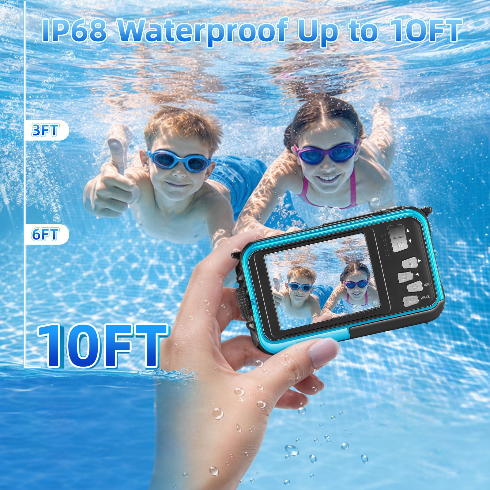 Fotocamera Digitale Impermeabile, Action Camera Subacquea HD 2.7K 48MP con Doppio Schermo per Snorkeling 3M per Nuotare, Zoom Digitale 16X Anti-Shake, Blu