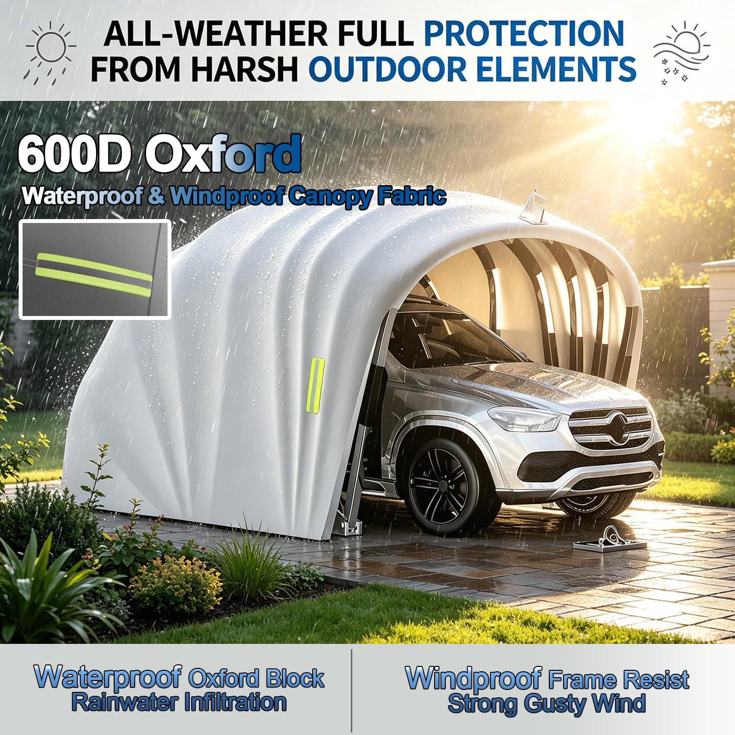 Tettoia per Auto con Serratura Semiautomatica Pieghevole Mobile Garage Auto per Esterno Acciaio Inox Tessuto Oxford Di Spessore 600D Protezione Solare/Pioggia per Parcheggio SUV (5.5×2.5×2.3m)