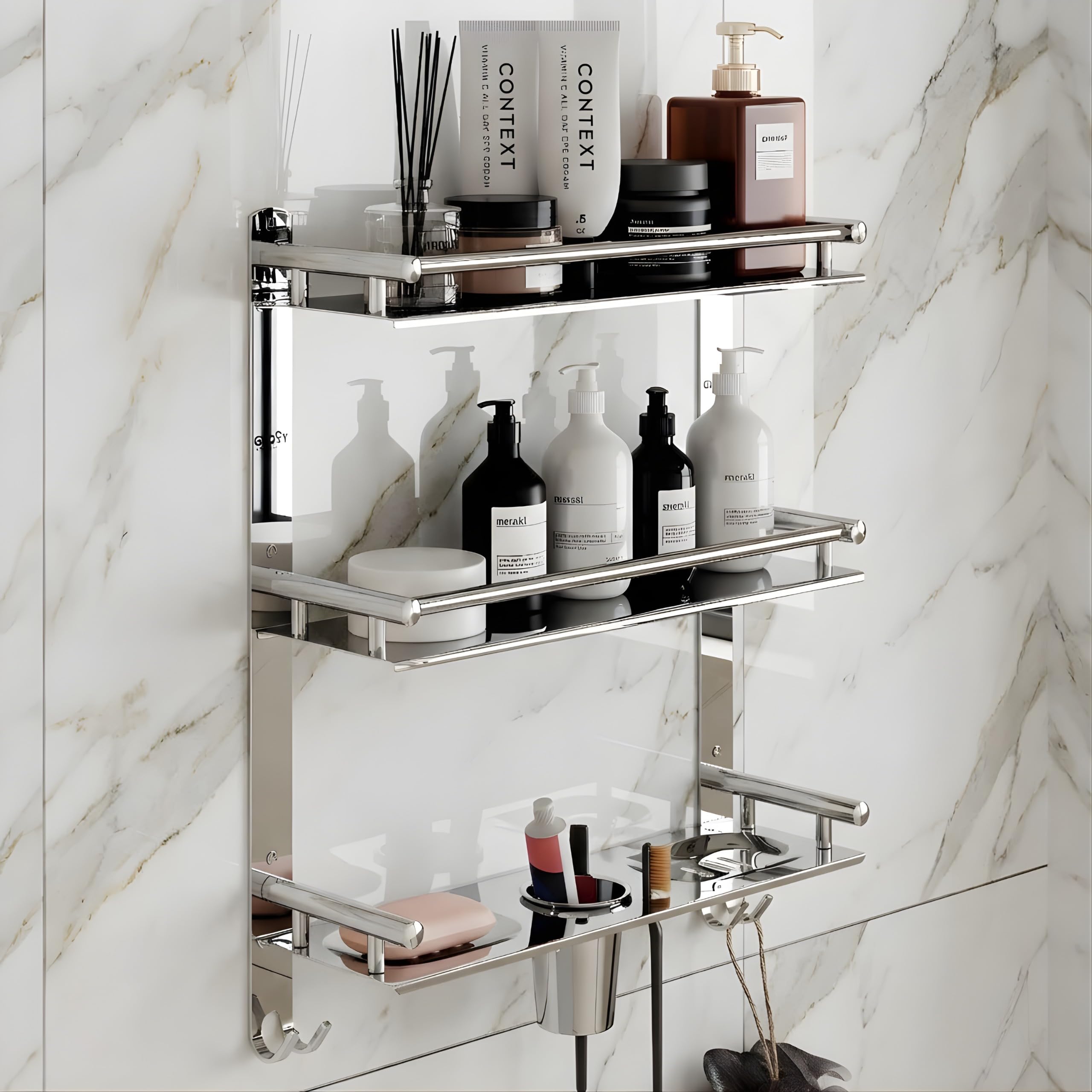 GLOXY Premium 3 Layer Bathroom Shelves Rack - Wall Mount Chrome Finish Stainless Steel Bathroom Shelf with Soap Dish, Toothbrush Holder & Multipurpose Hooks - 4in1 Bathroom Fittings Accessories Set-image-22