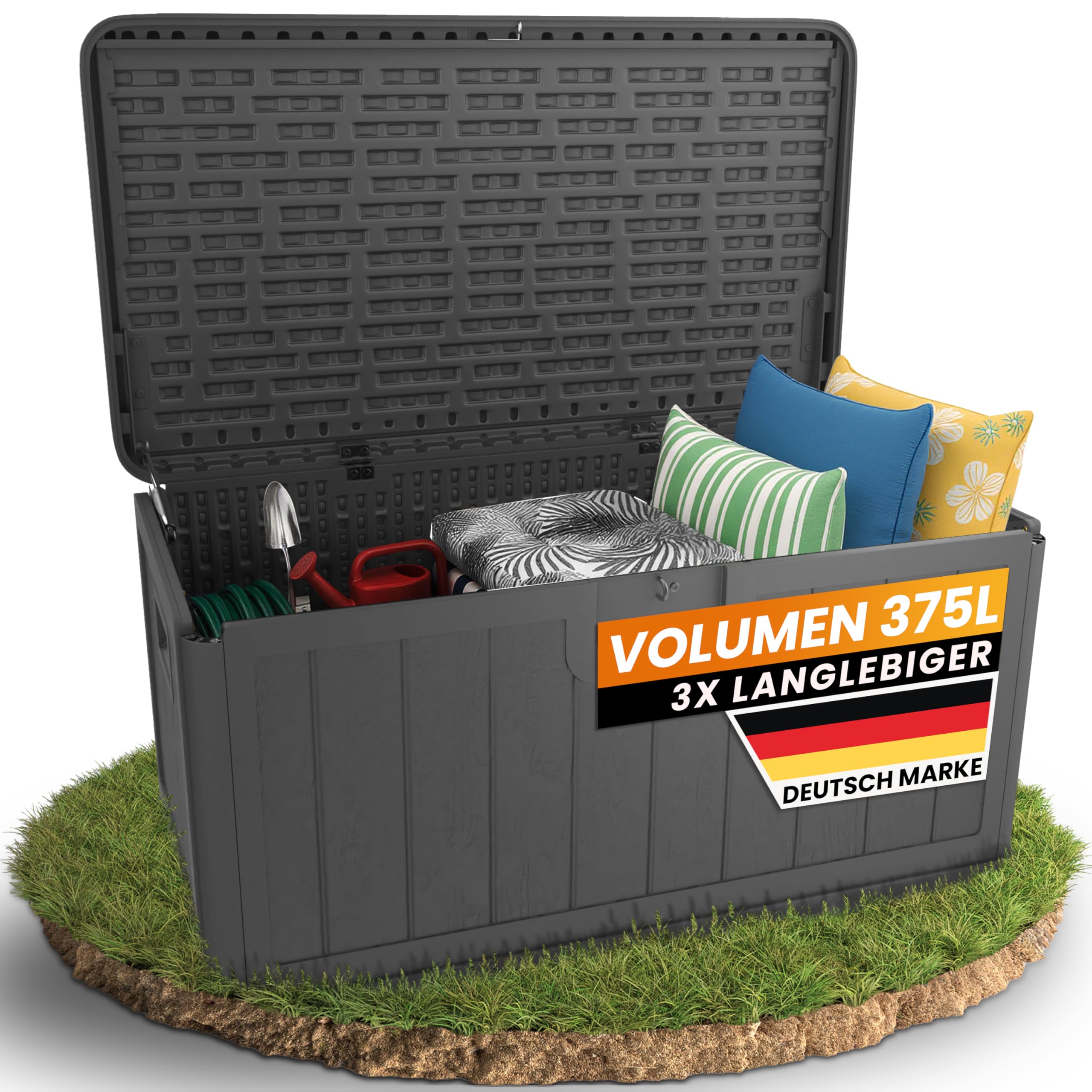 Naturiz® Gartenbox wasserdicht & stabil 375L - Aufbewahrungsbox XXL - Gartenkiste wetterfest - Auflagenbox, Kissenbox, Paketbox, Gartentruhe, Outdoor Box, Garten Box, schwarz (375L)