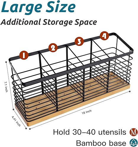 Miniatura 2 de Suli Soporte de utensilios de cocina extra grande con 4 compartimentos, soporte de metal negro mate con base de madera para encimera de cocina,
