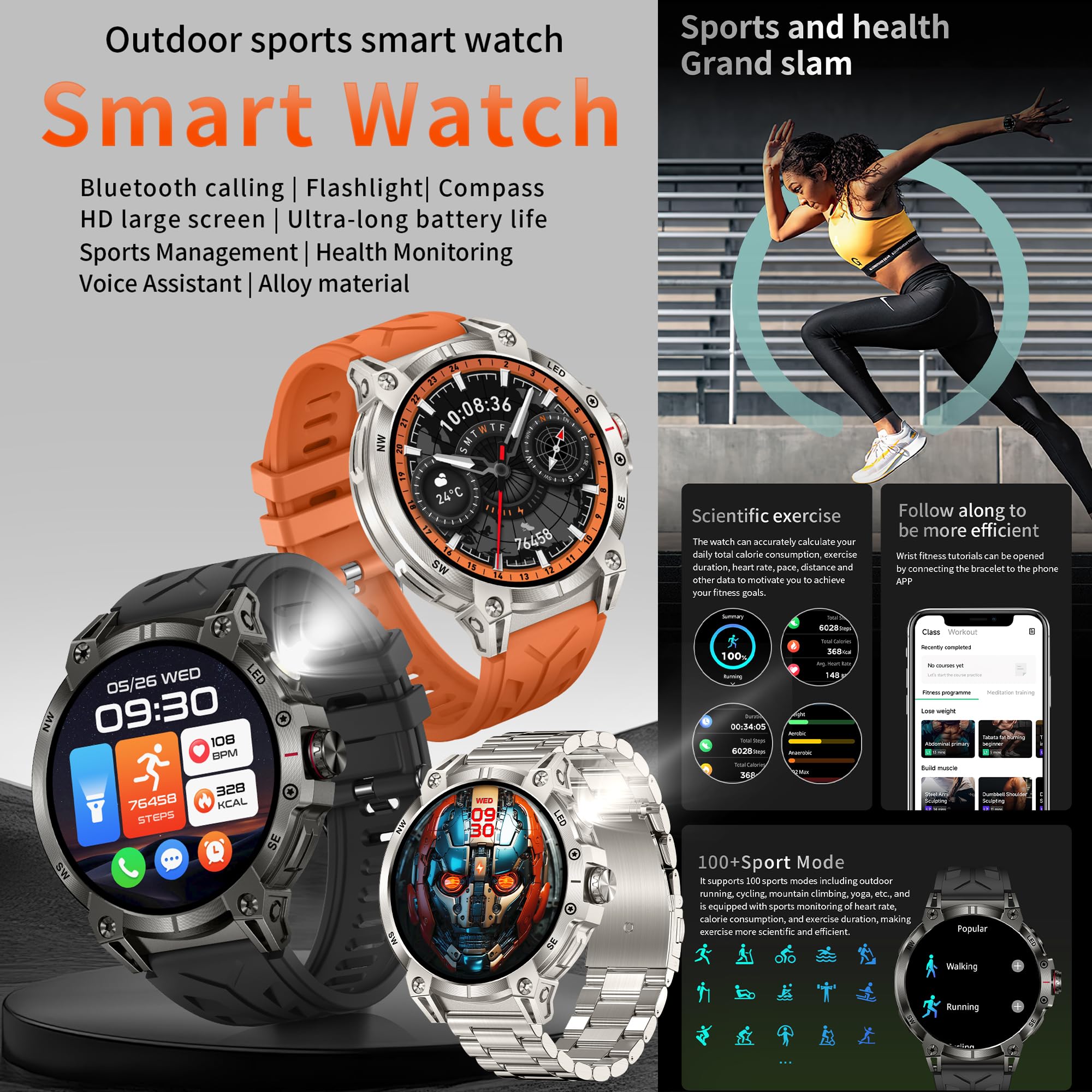 1,85" AMOLED Reloj Inteligente Hombre con Llamada y Whatsapp, Linterna, Batería de 760 mah, 5ATM Impermeable Reloj Smartwatch 123 Deportivo Hombre con Monitor Sueño, Pulsómetro Android iOS (plateado)