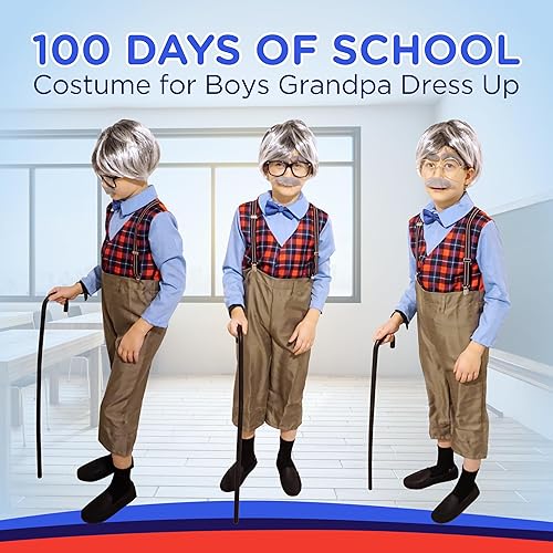 Miniatura 7 de 4E's Novelty Disfraz de anciano para niños  Disfraz de abuelo de 100 días de escuela, traje de disfraz con bastón, juego de 6 piezas
