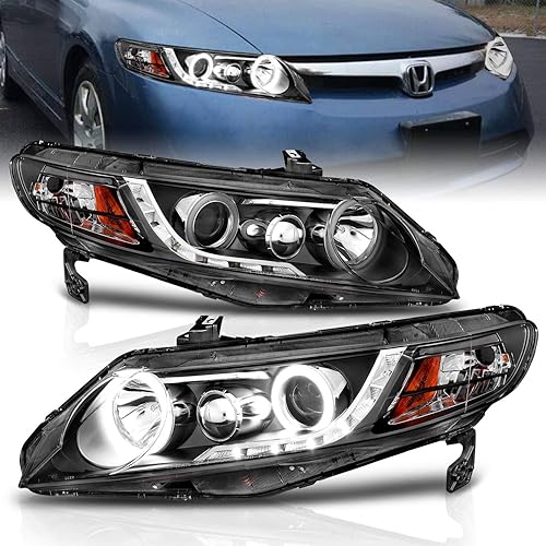 AmeriLite Proyector halógeno ámbar Xtreme LED Halo para Honda Civic 2006-2009 4 puertasHybrid Sedan - lado del pasajero y del conductor, montaje de