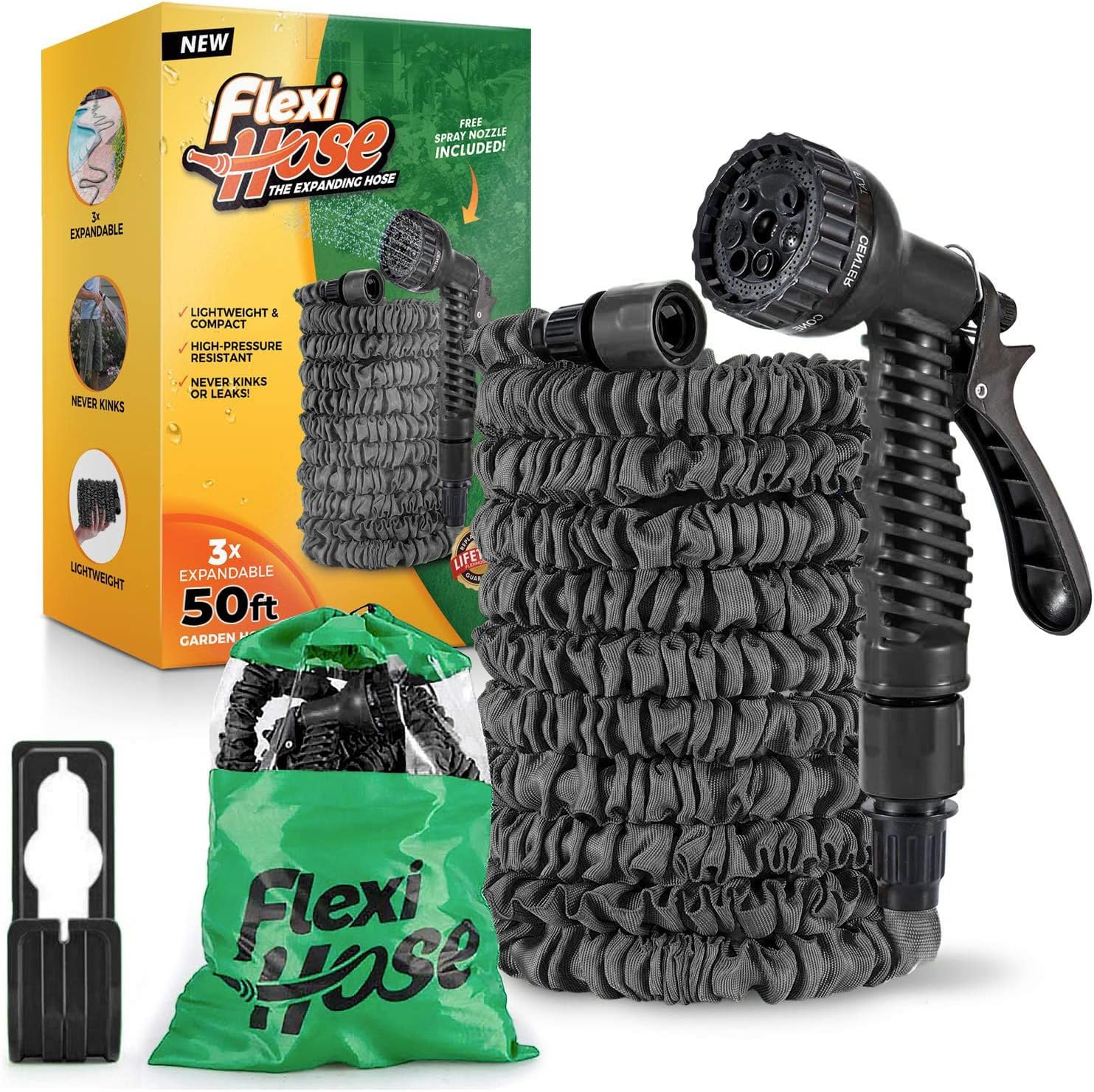 Flexi Hose Tuyau d'arrosage extensible – Tuyau d'arrosage robuste de 15 m, tuyau rétractable avec 1,9 cm – Design extensible et buse de pulvérisation incluse – Noir, 15 mètres