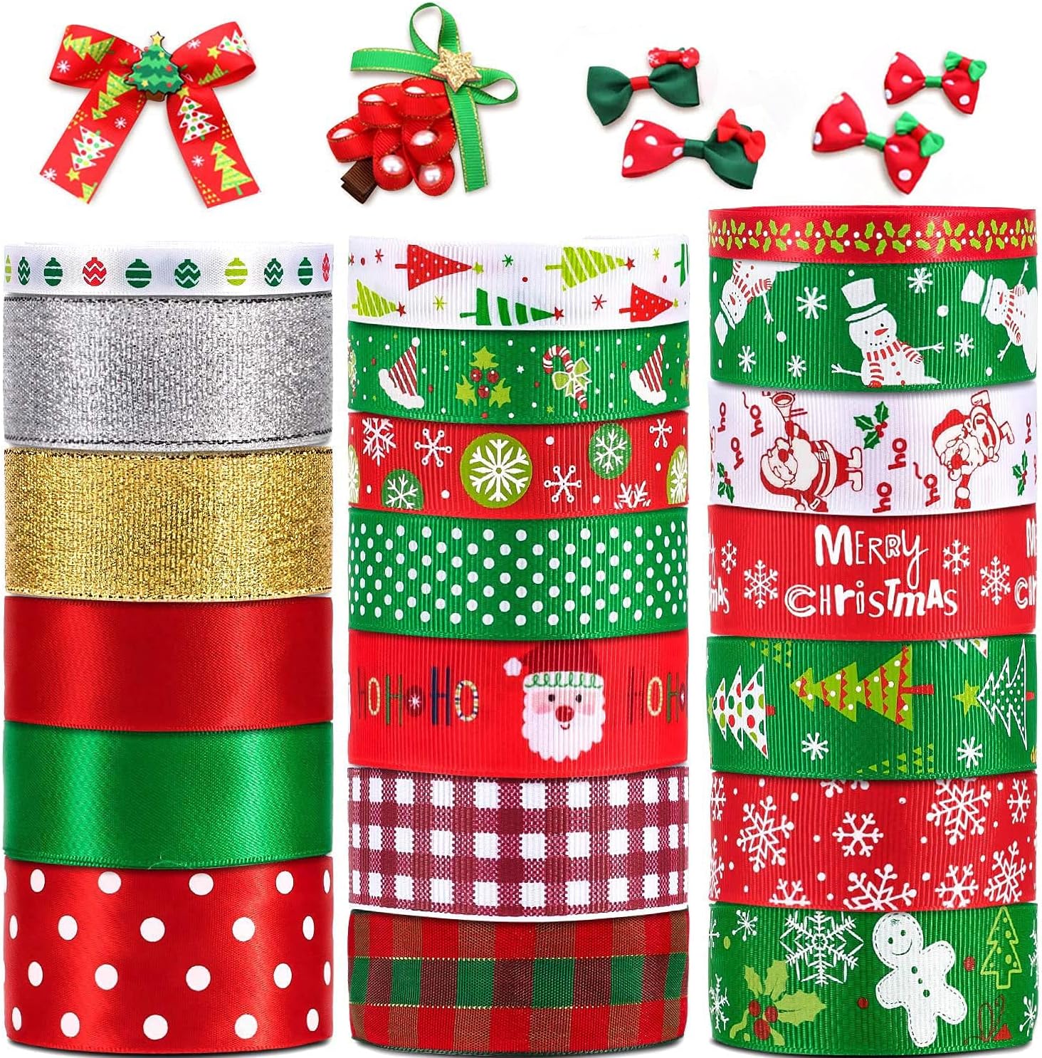 Whaline 20 Assorted Christmas Ribbons, Grosgrain Satin Fabric Ribbon for DIY Crafts Wrapping, Christmas Party Decoration