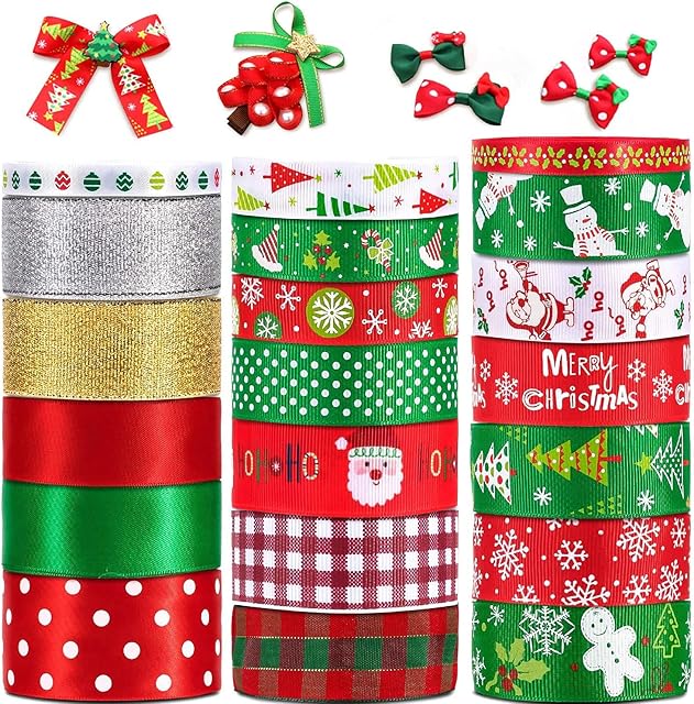 Whaline 20 Assorted Christmas Ribbons, Grosgrain Satin Fabric Ribbon for DIY Crafts, Holiday Gifts Wrapping, Christmas Party Decoration, 5 Different Widths 40 Yards (20 x 2 Yards)